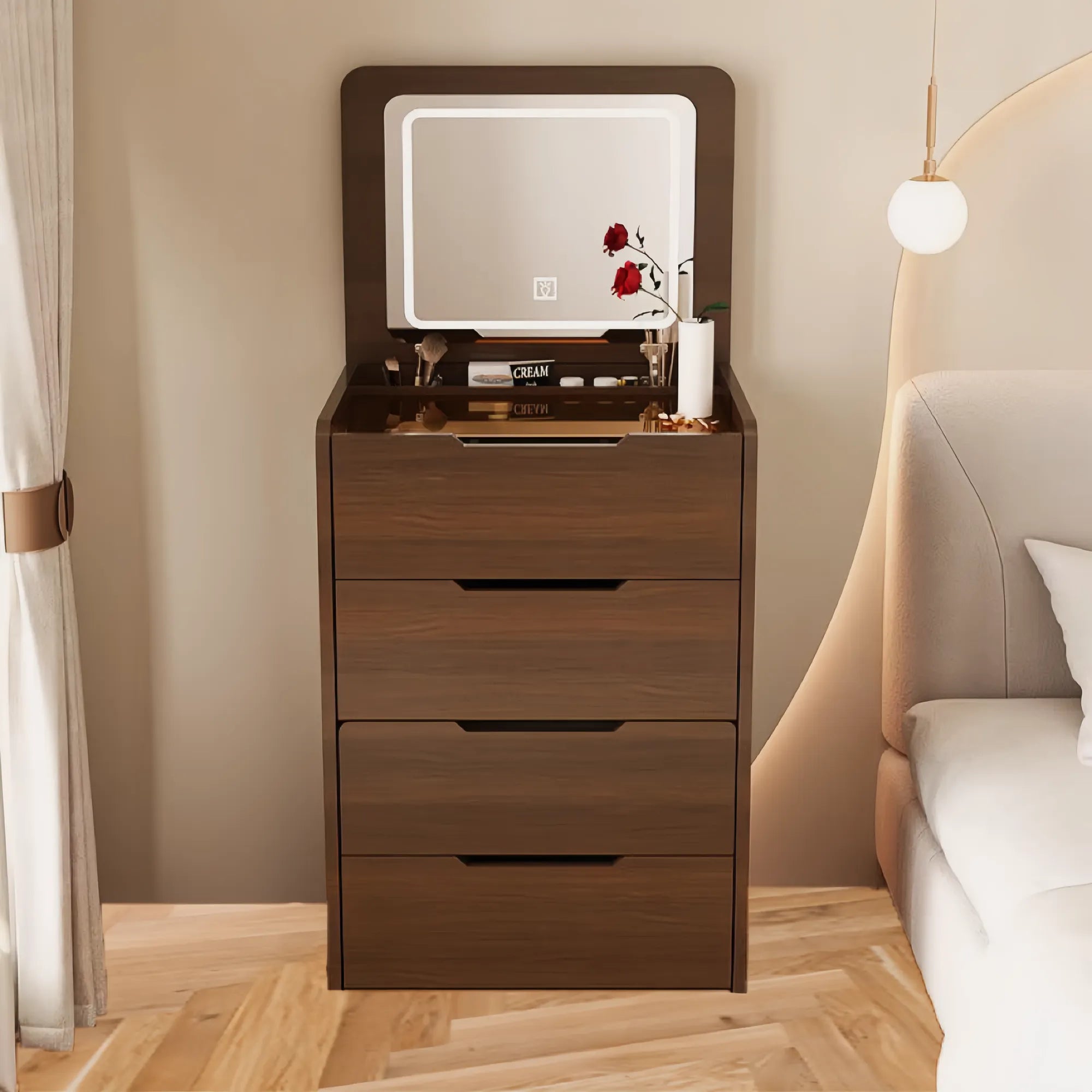 Compact Makeup Vanity Set with Flip Top Mirror & Glass Desktop