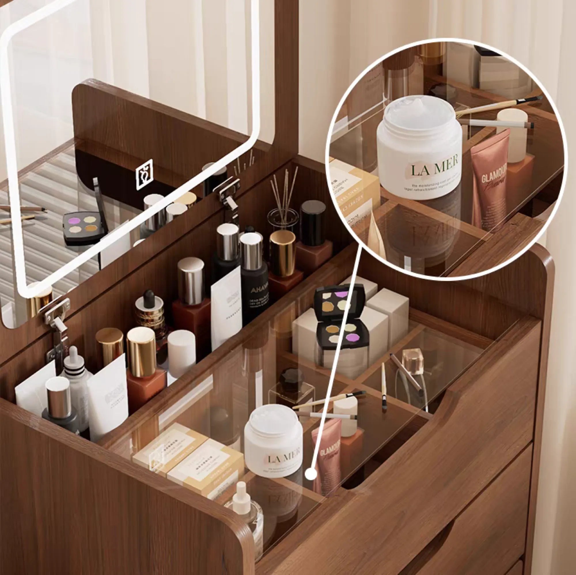 Compact Makeup Vanity Set with Flip Top Mirror & Glass Desktop