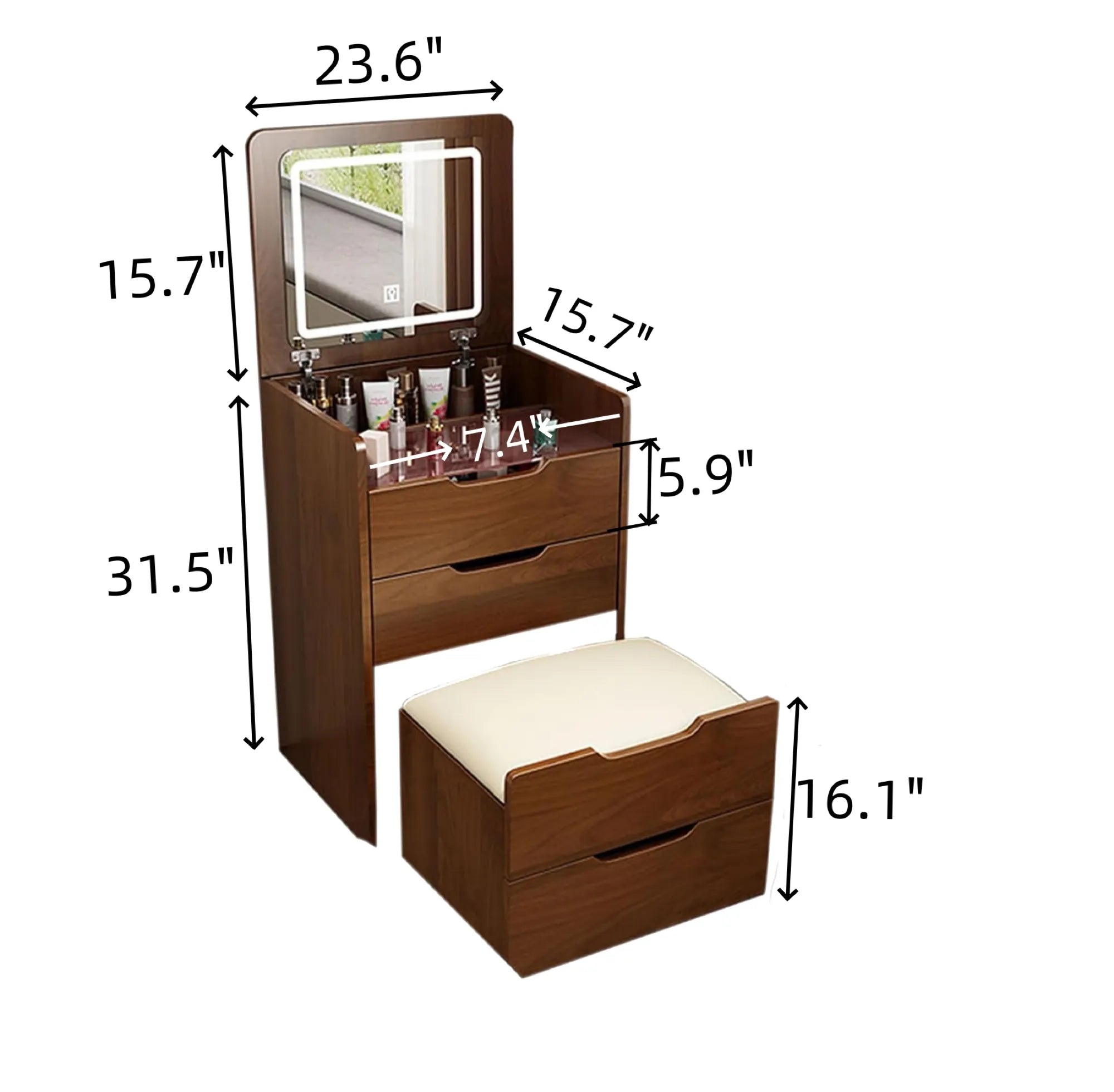 Compact Makeup Vanity Set with Flip Top Mirror & Glass Desktop