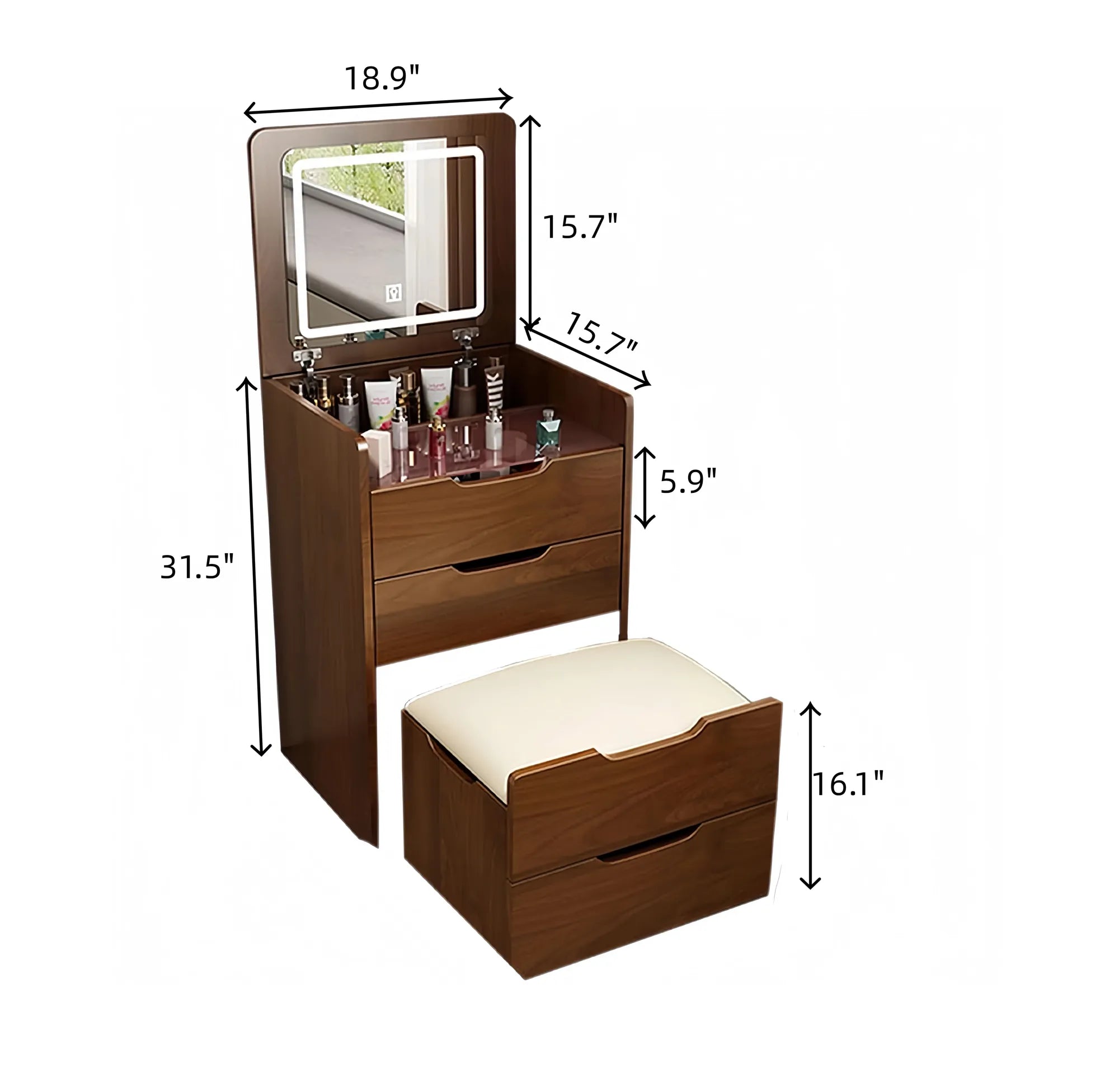 Compact Makeup Vanity Set with Flip Top Mirror & Glass Desktop