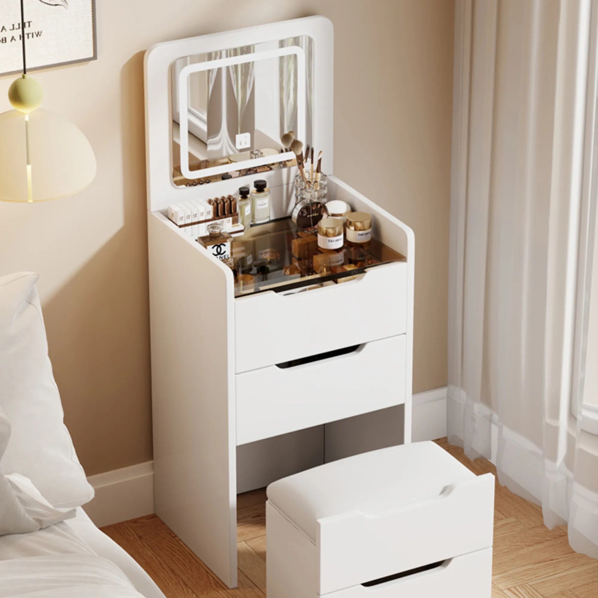 Compact Makeup Vanity Set with Flip Top Mirror & Glass Desktop