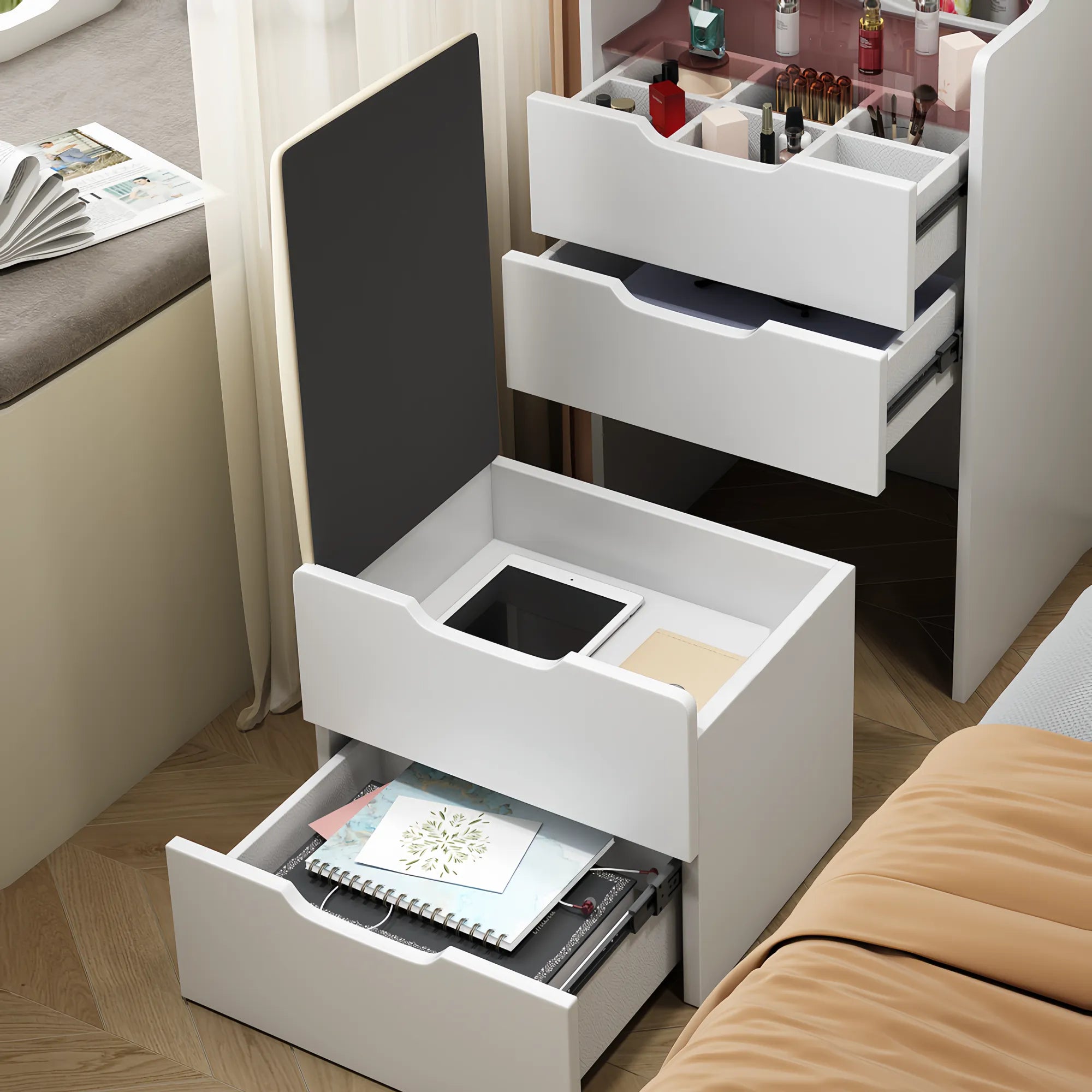 Compact Makeup Vanity Set with Flip Top Mirror & Glass Desktop