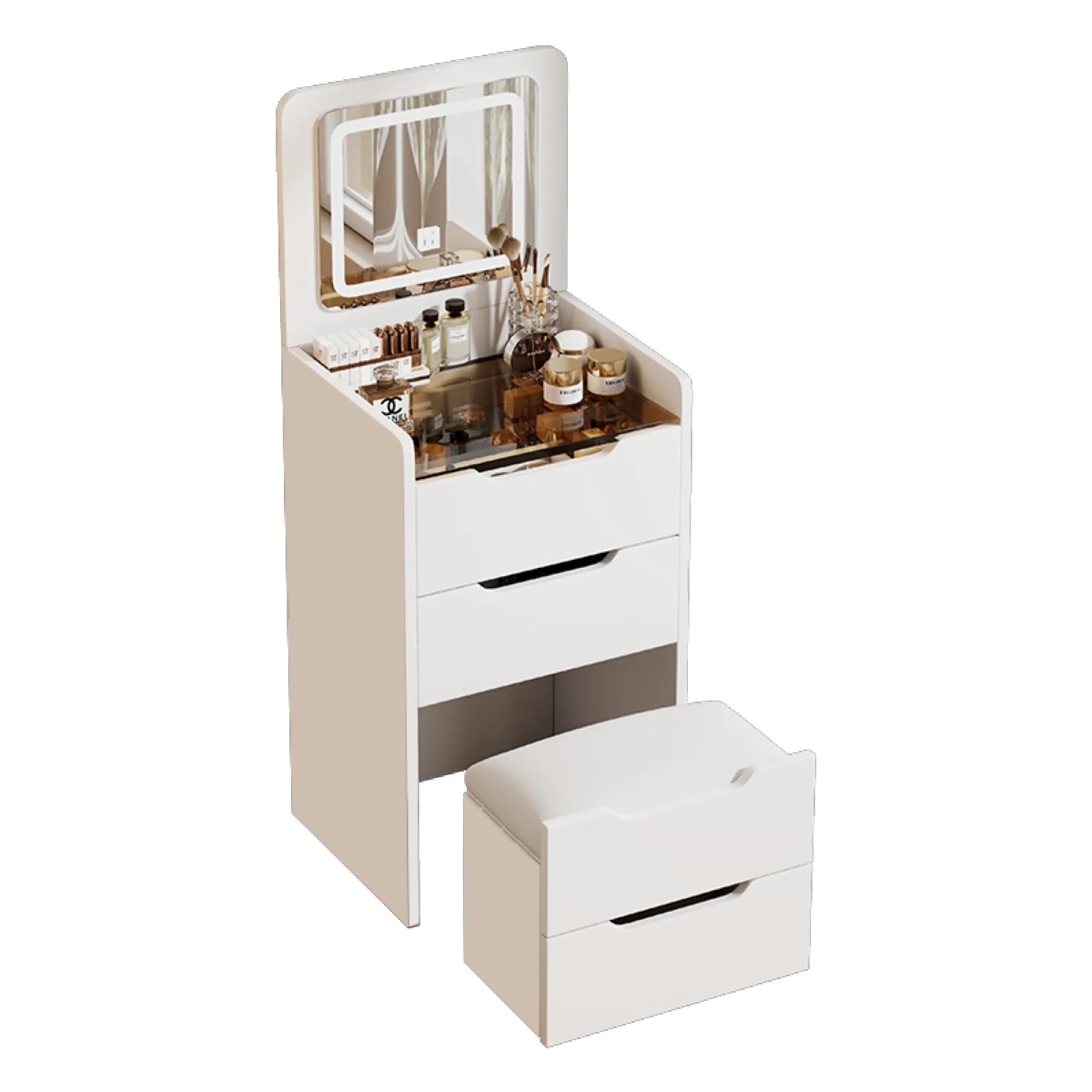 Compact Makeup Vanity Set with Flip Top Mirror & Glass Desktop