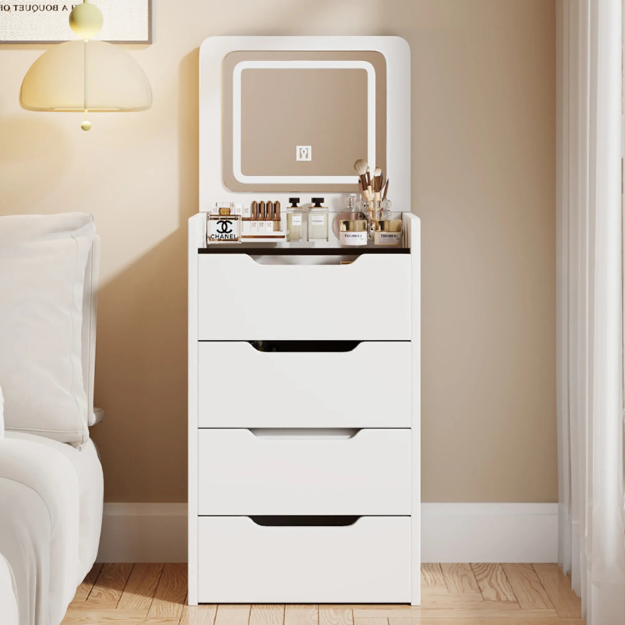 Compact Makeup Vanity Set with Flip Top Mirror & Glass Desktop