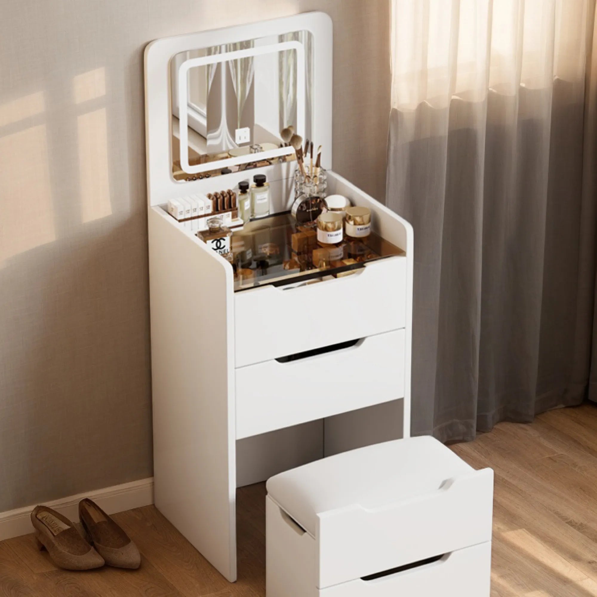 Compact Makeup Vanity Set with Flip Top Mirror & Glass Desktop