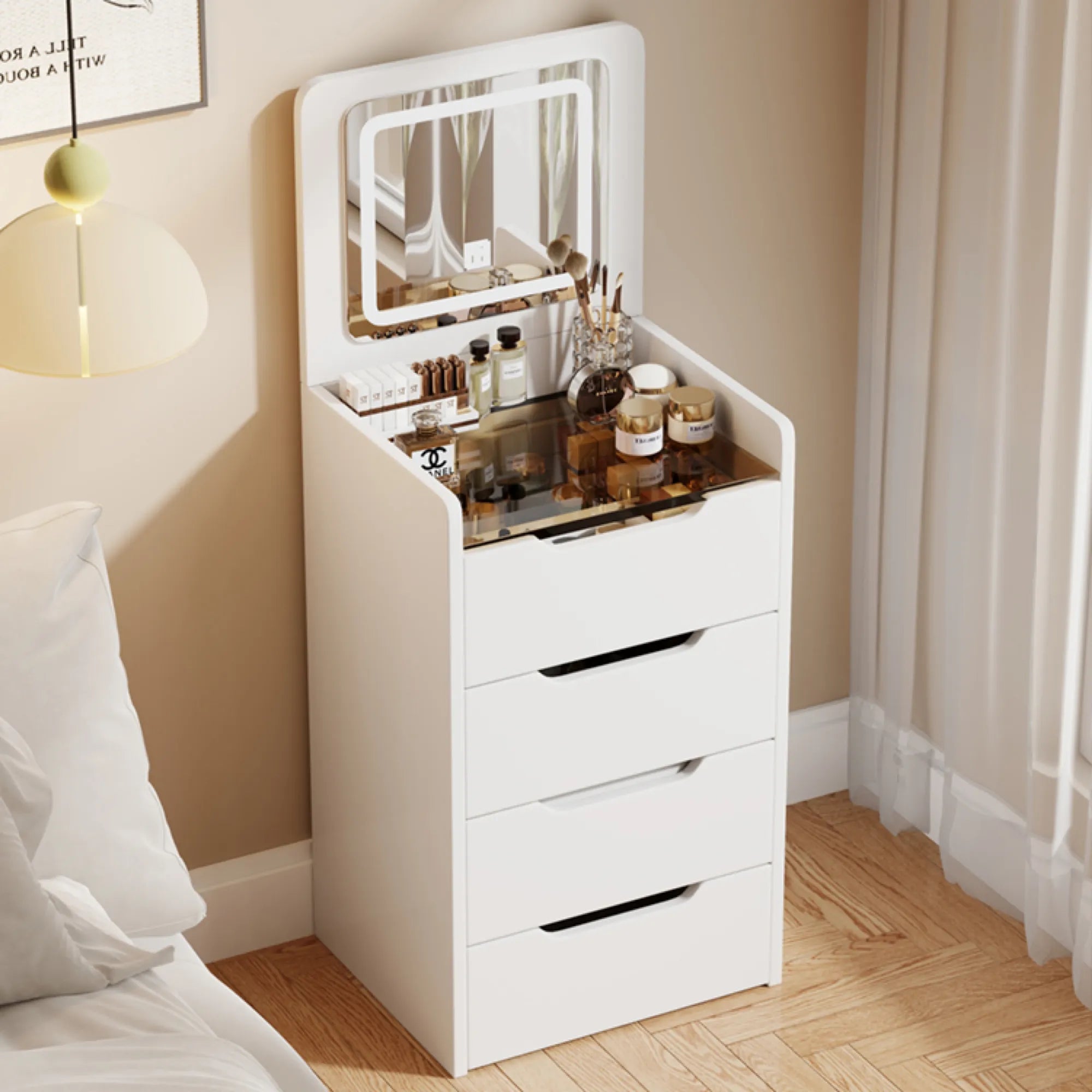 Compact Makeup Vanity Set with Flip Top Mirror & Glass Desktop