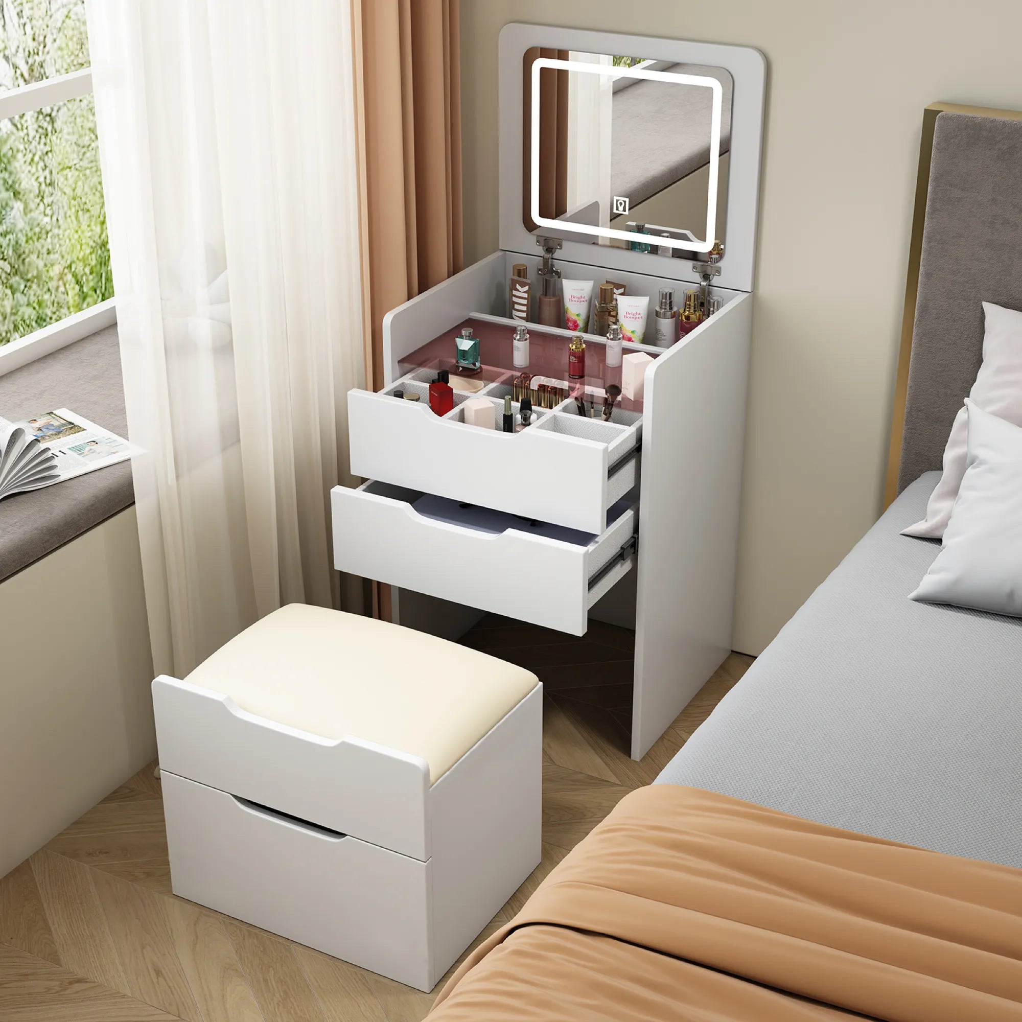 Compact Makeup Vanity Set with Flip Top Mirror & Glass Desktop