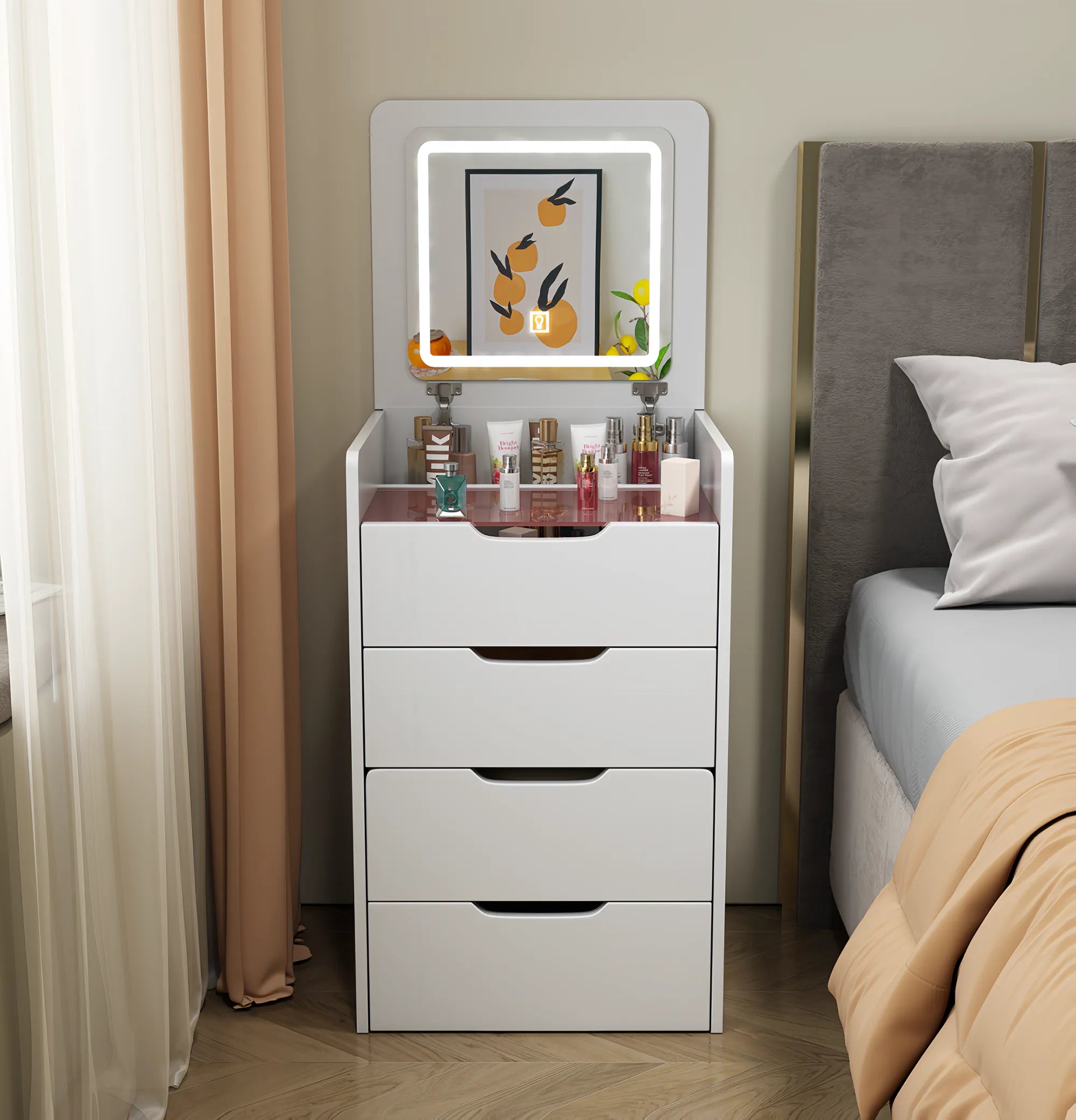 Compact Makeup Vanity Set with Flip Top Mirror & Glass Desktop