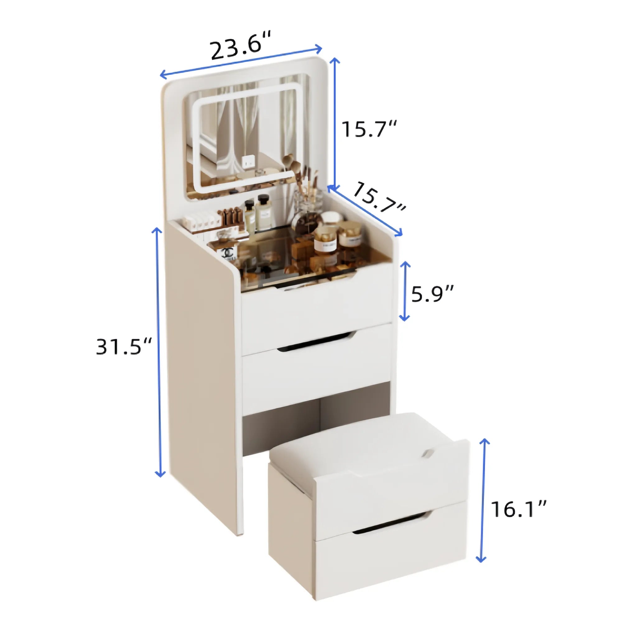 Compact Makeup Vanity Set with Flip Top Mirror & Glass Desktop