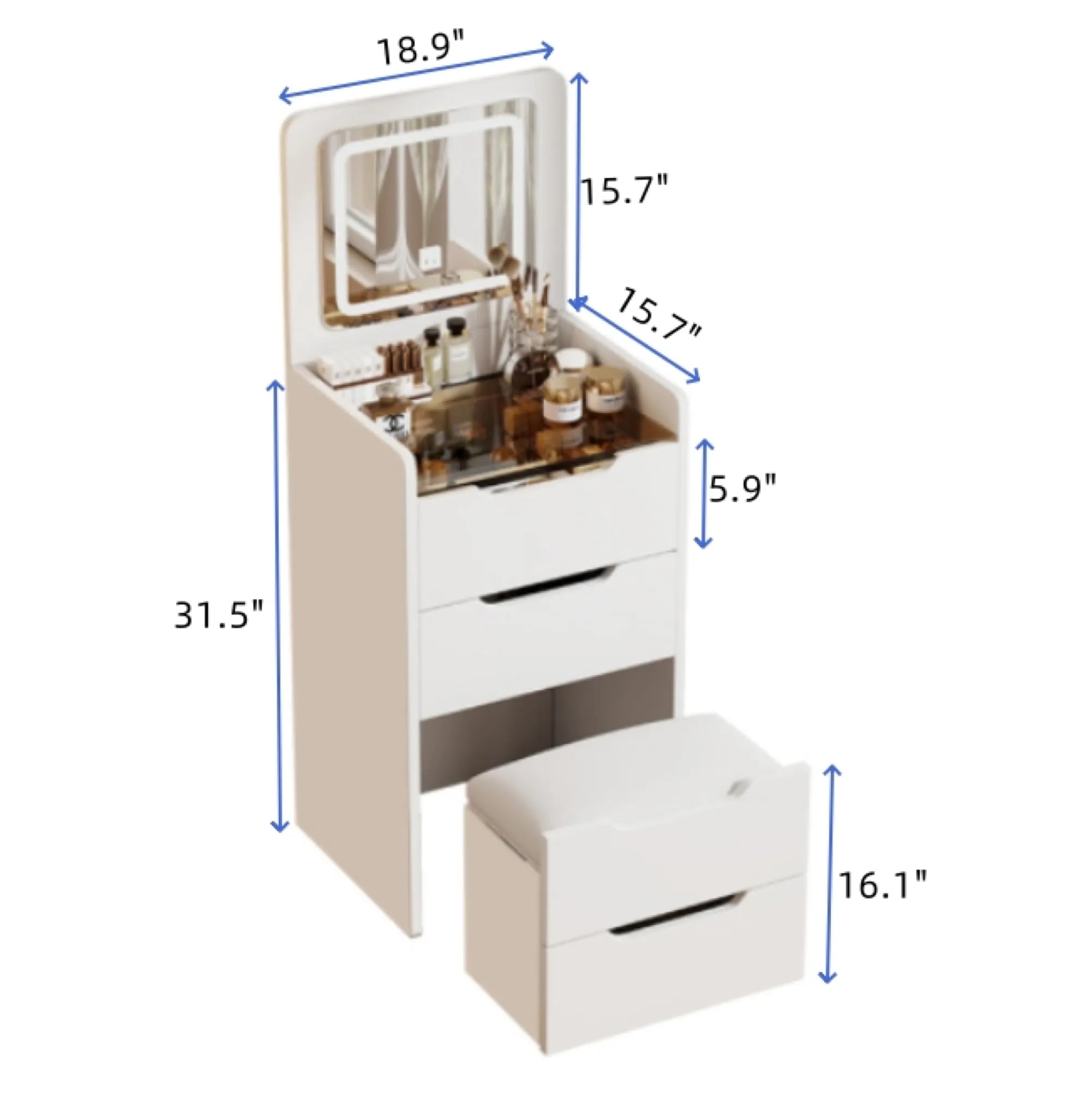 Compact Makeup Vanity Set with Flip Top Mirror & Glass Desktop