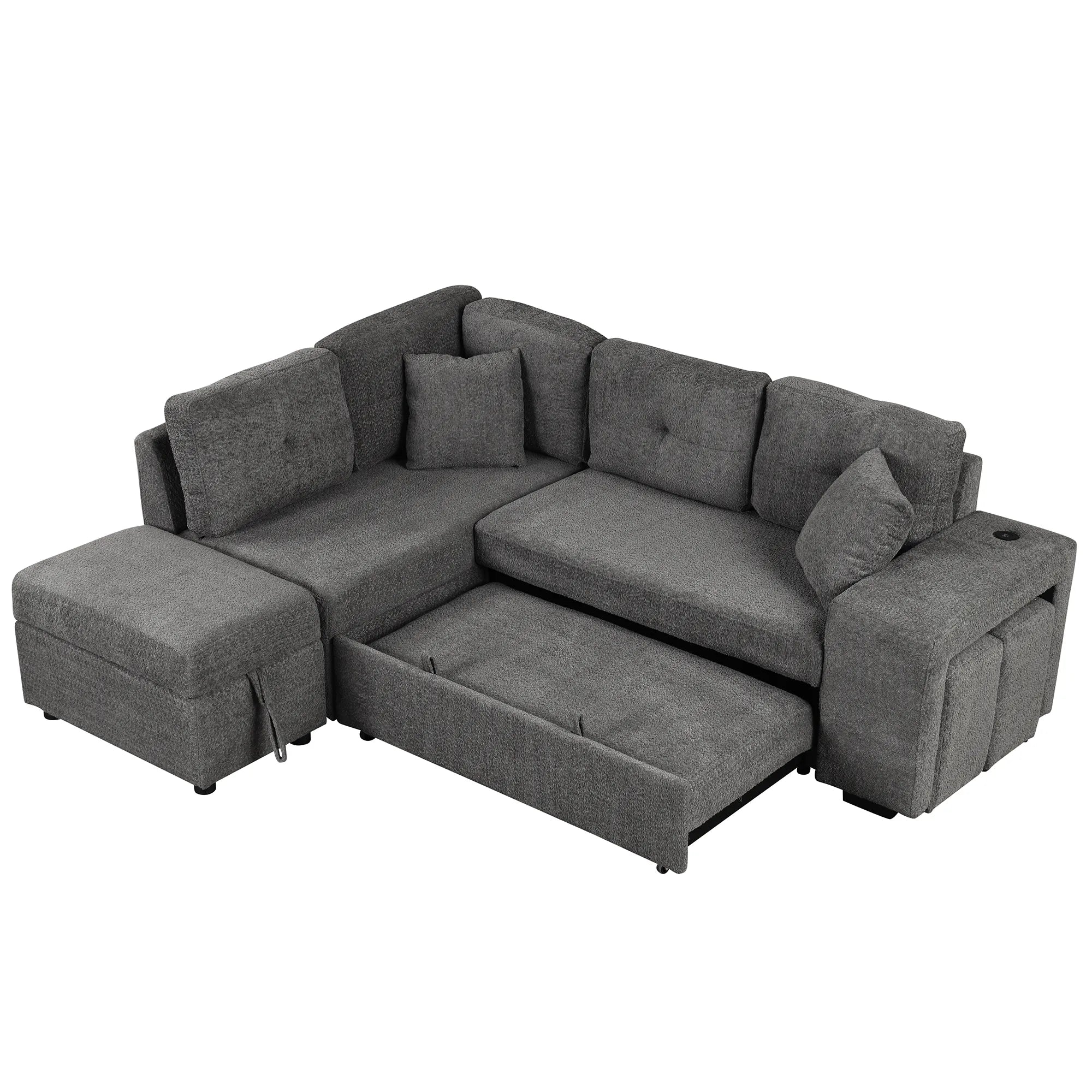 Convertible Sleeper Sofa Bed with Storage Ottoman, Stools, and Wireless Charger