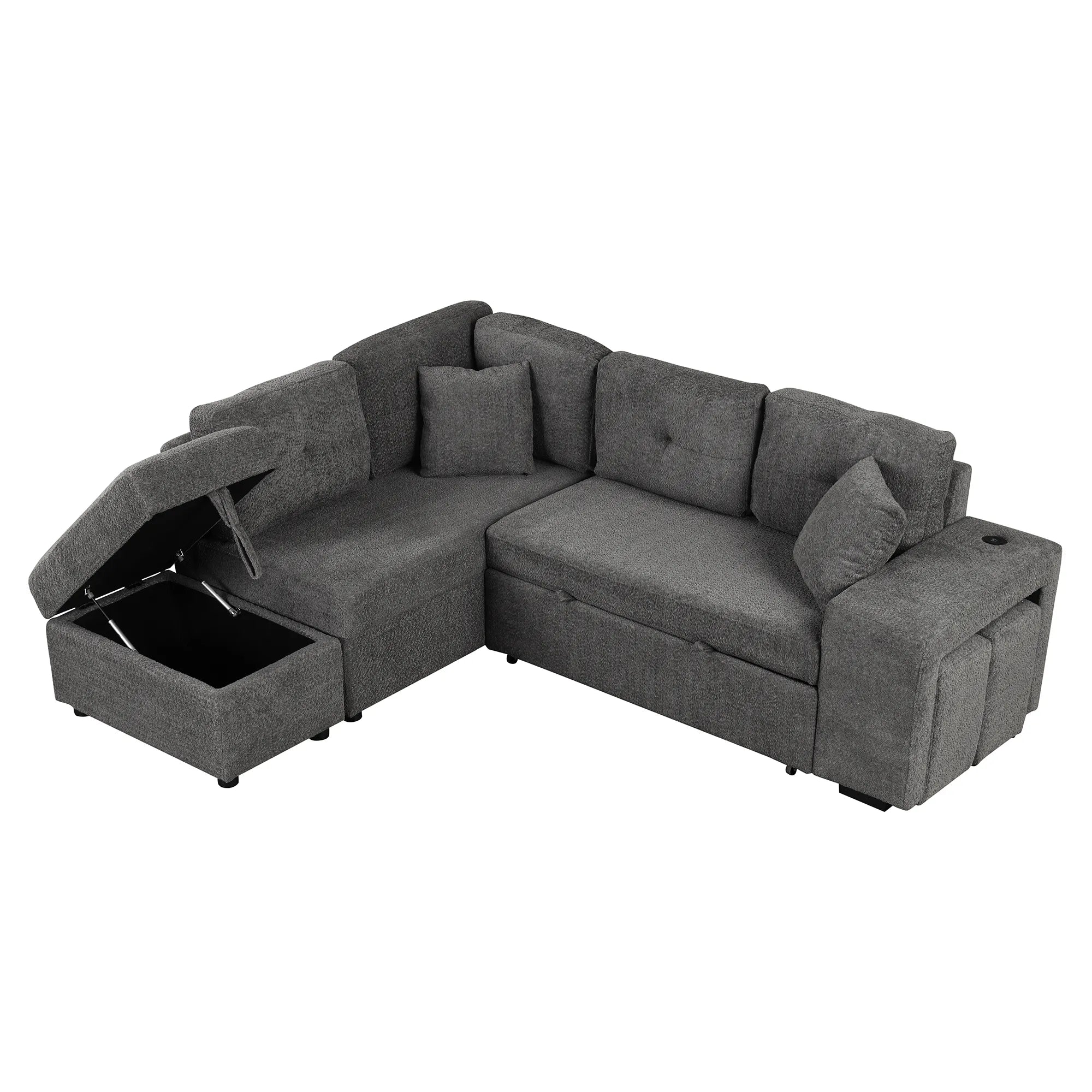 Convertible Sleeper Sofa Bed with Storage Ottoman, Stools, and Wireless Charger