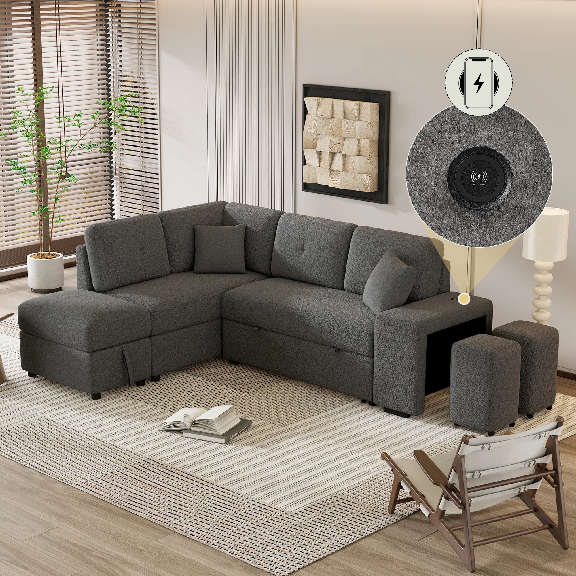 Convertible Sleeper Sofa Bed with Storage Ottoman, Stools, and Wireless Charger