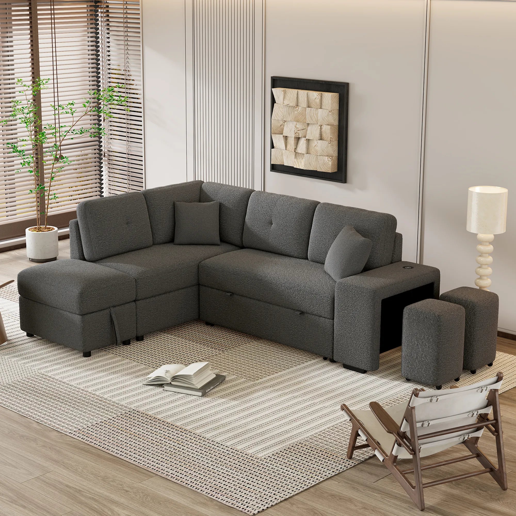Convertible Sleeper Sofa Bed with Storage Ottoman, Stools, and Wireless Charger