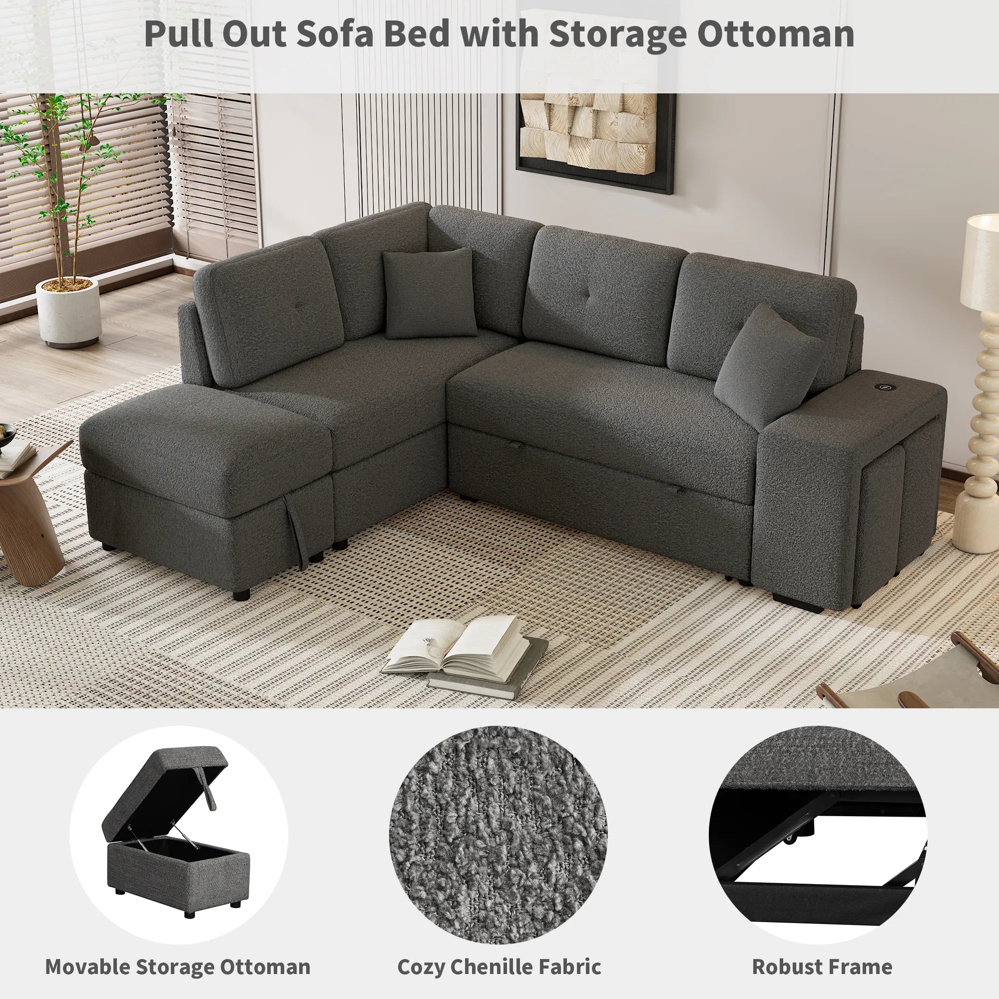 Convertible Sleeper Sofa Bed with Storage Ottoman, Stools, and Wireless Charger
