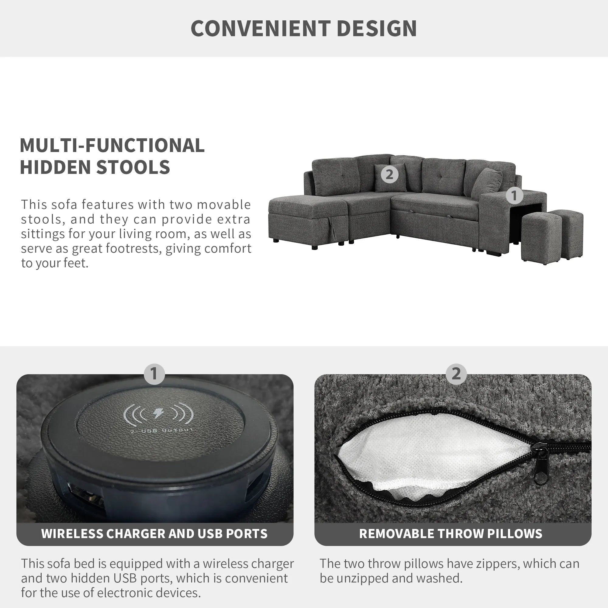 Convertible Sleeper Sofa Bed with Storage Ottoman, Stools, and Wireless Charger