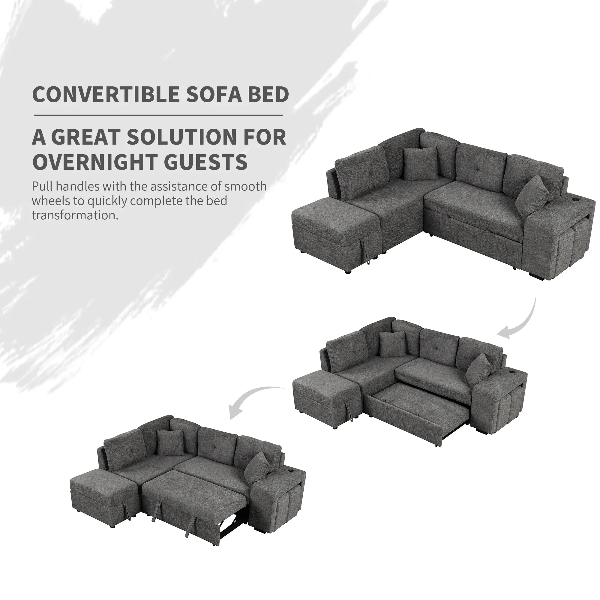 Convertible Sleeper Sofa Bed with Storage Ottoman, Stools, and Wireless Charger