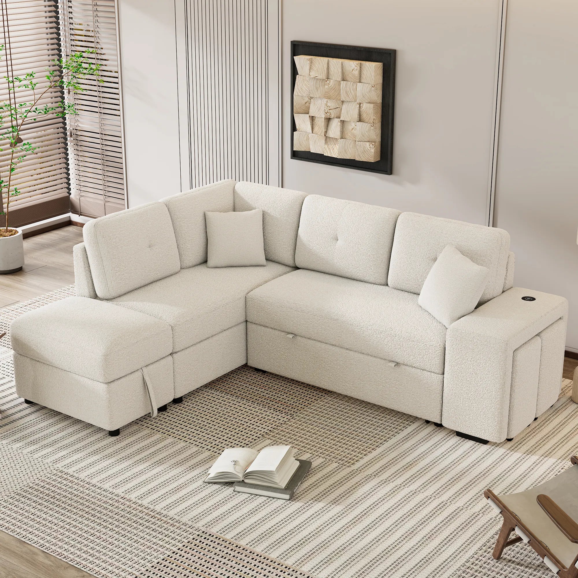 Convertible Sleeper Sofa Bed with Storage Ottoman, Stools, and Wireless Charger