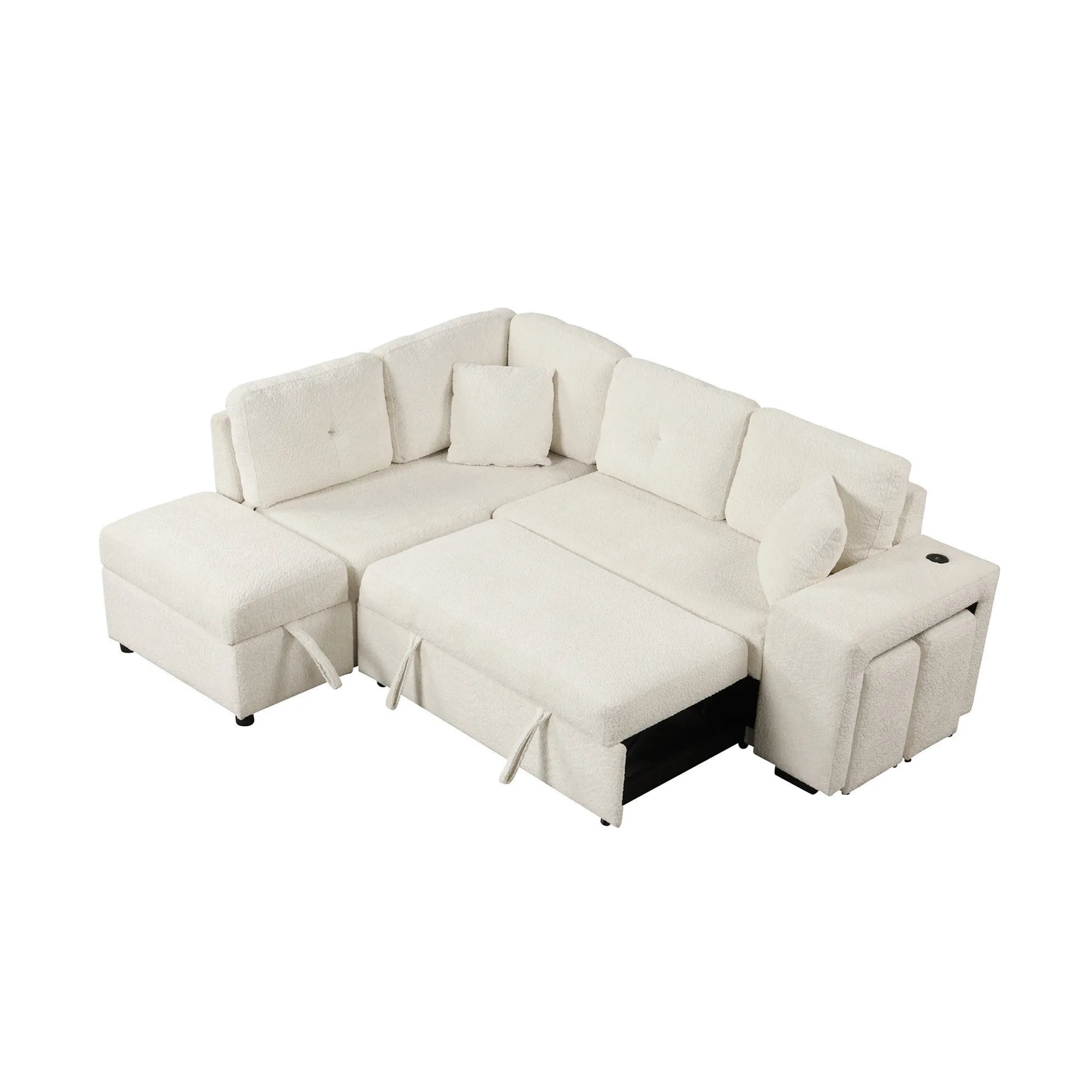 Convertible Sleeper Sofa Bed with Storage Ottoman, Stools, and Wireless Charger