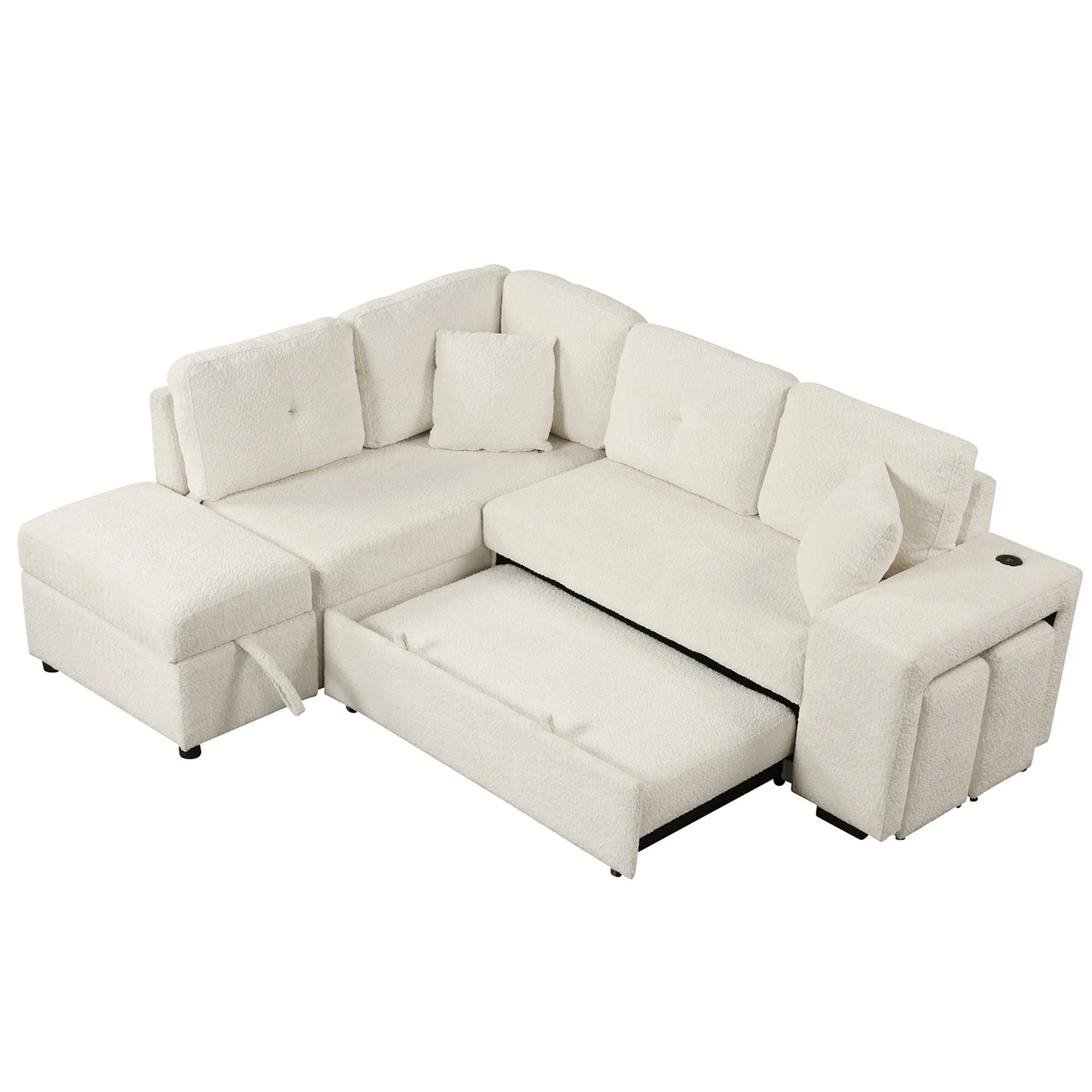 Convertible Sleeper Sofa Bed with Storage Ottoman, Stools, and Wireless Charger