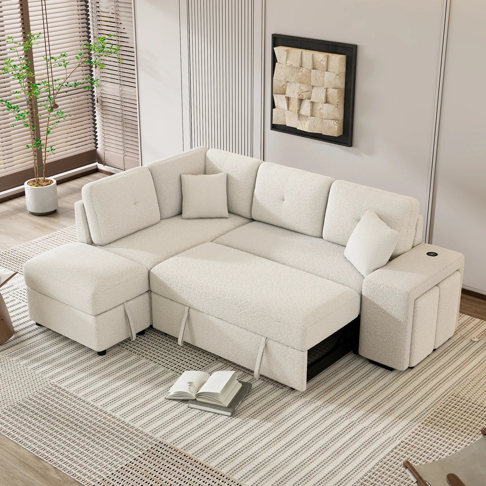 Convertible Sleeper Sofa Bed with Storage Ottoman, Stools, and Wireless Charger