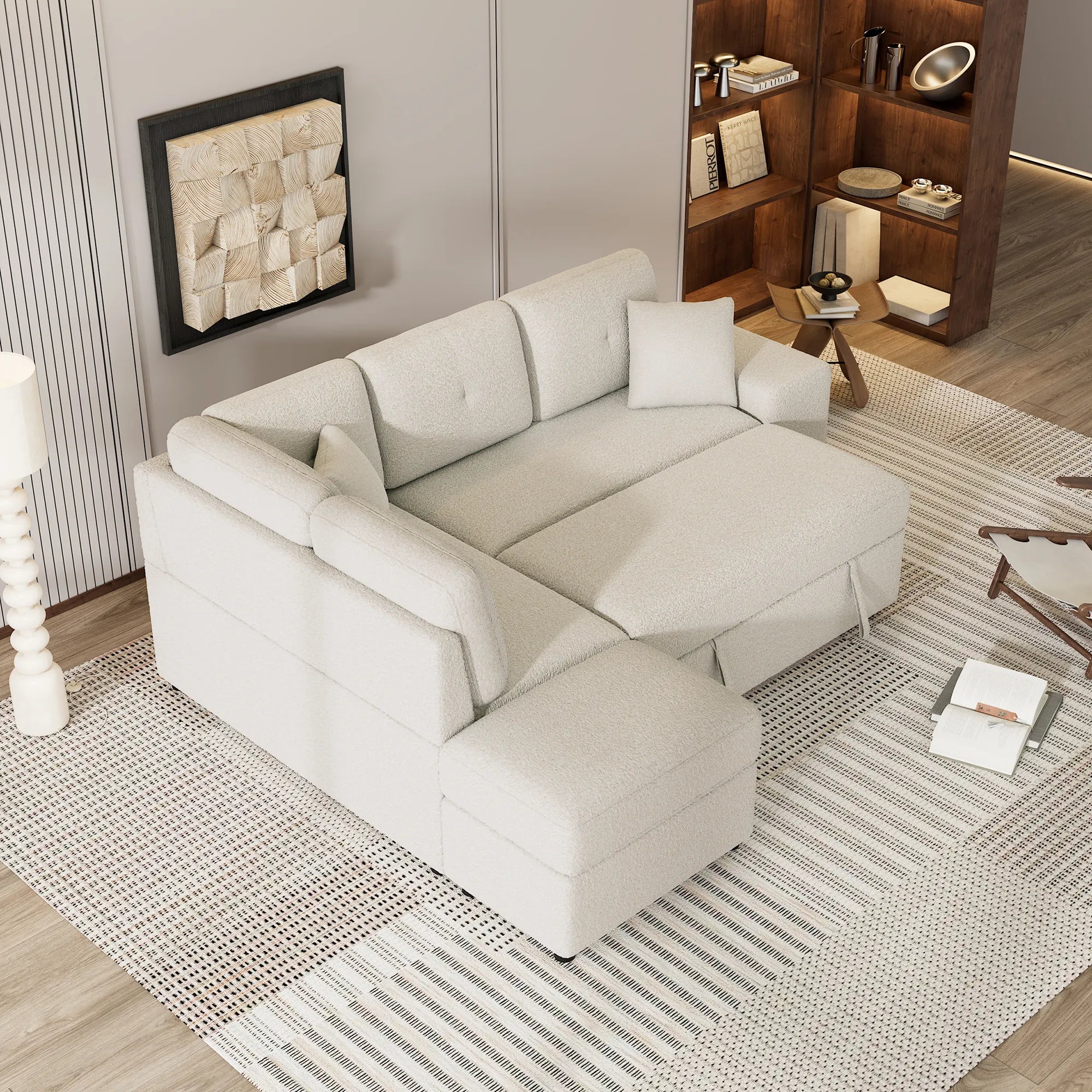 Convertible Sleeper Sofa Bed with Storage Ottoman, Stools, and Wireless Charger