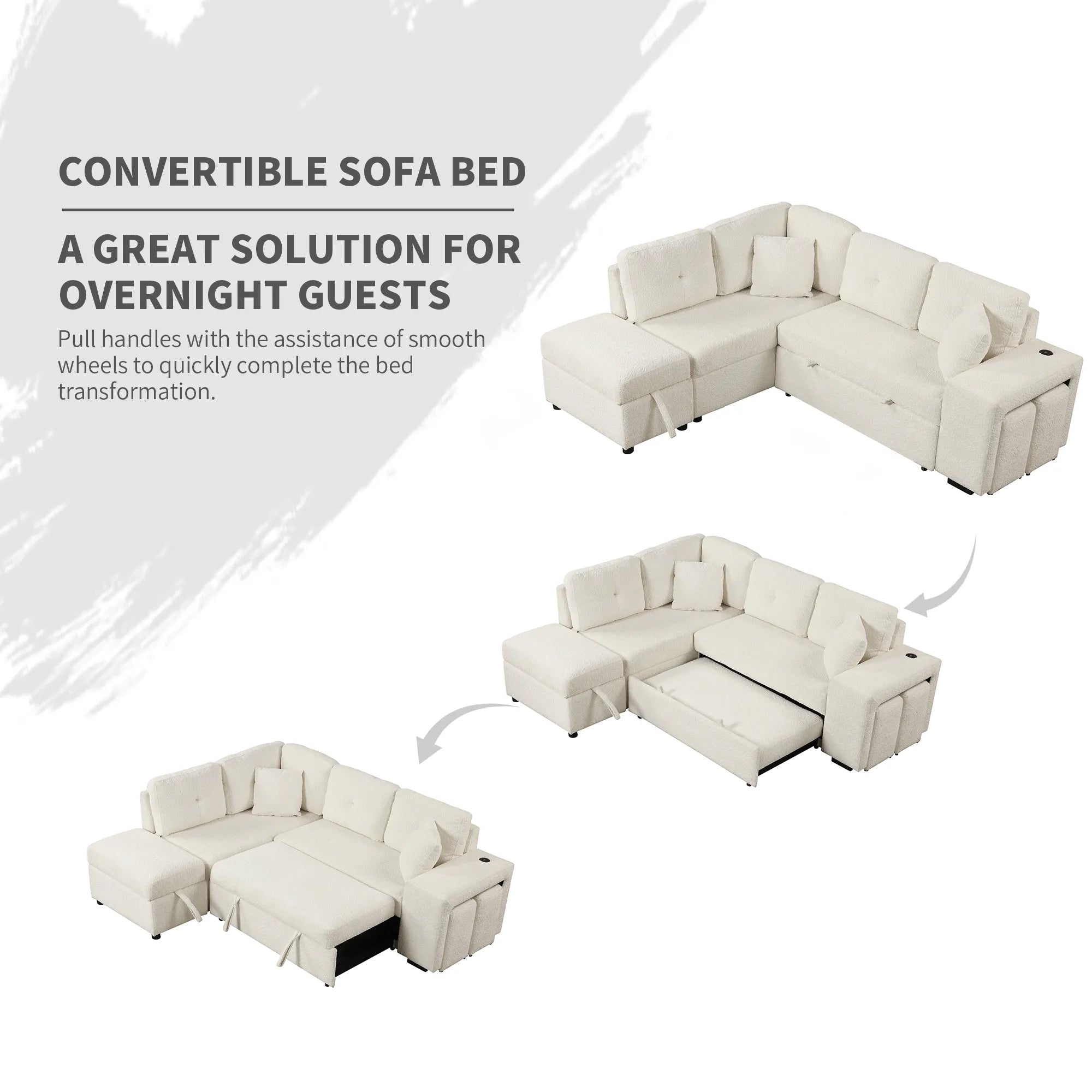 Convertible Sleeper Sofa Bed with Storage Ottoman, Stools, and Wireless Charger
