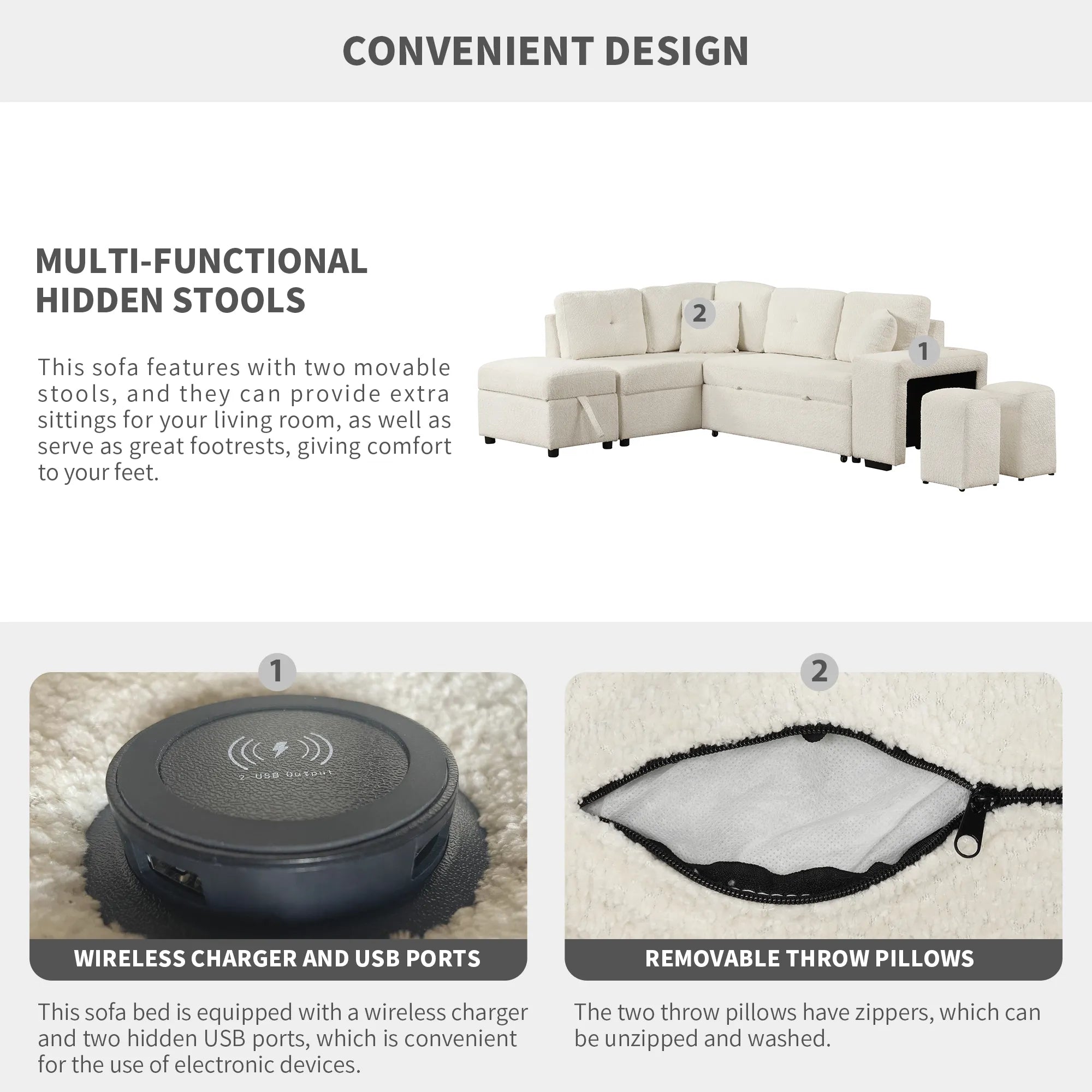 Convertible Sleeper Sofa Bed with Storage Ottoman, Stools, and Wireless Charger