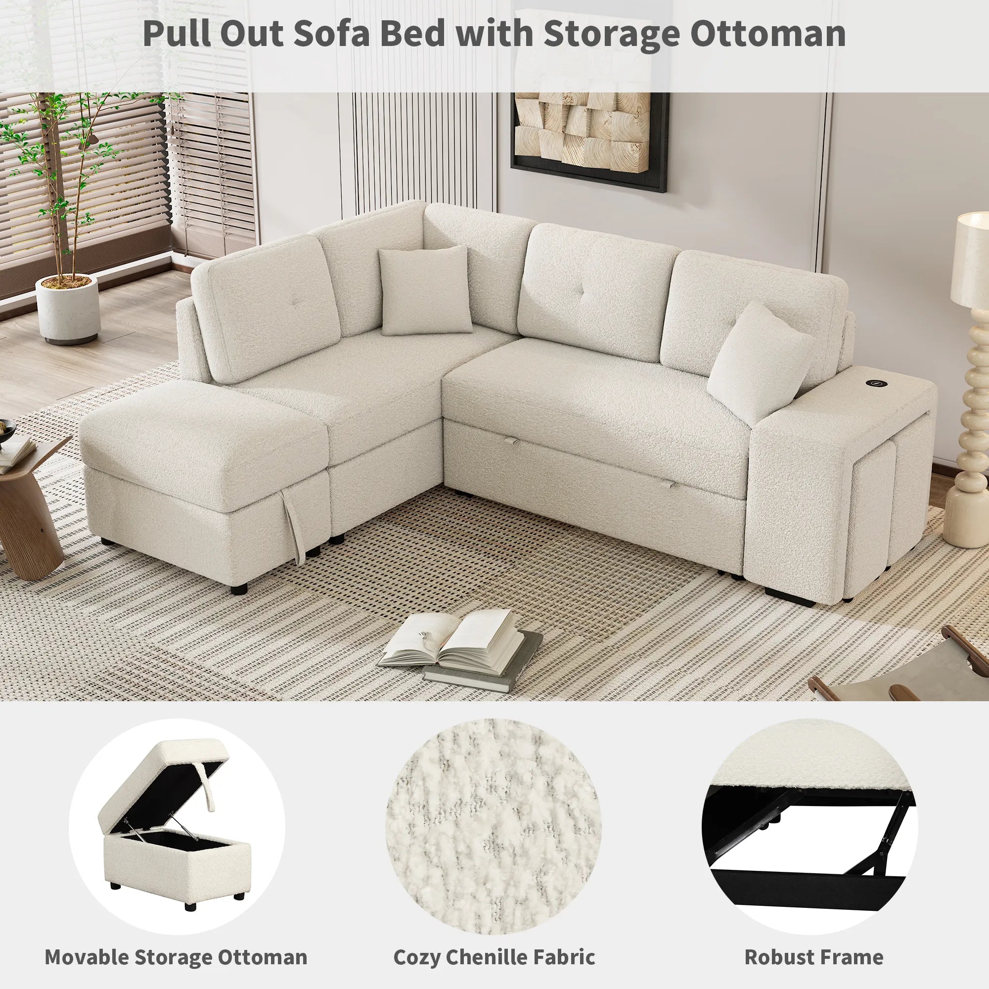 Convertible Sleeper Sofa Bed with Storage Ottoman, Stools, and Wireless Charger