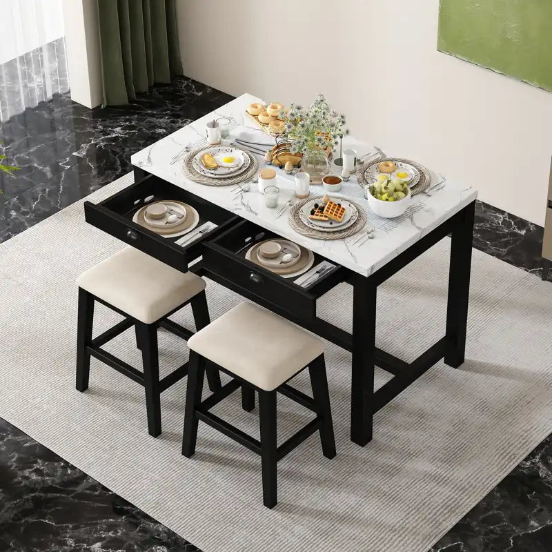 Counter Height Modern Dining Table Bar Table Set With Storage Drawers