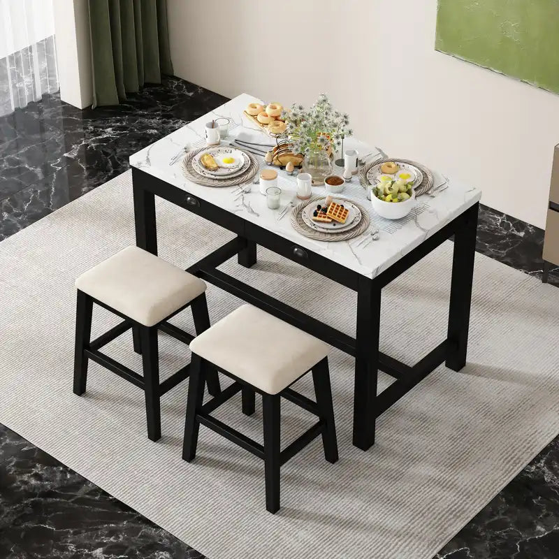 Counter Height Modern Dining Table Bar Table Set With Storage Drawers