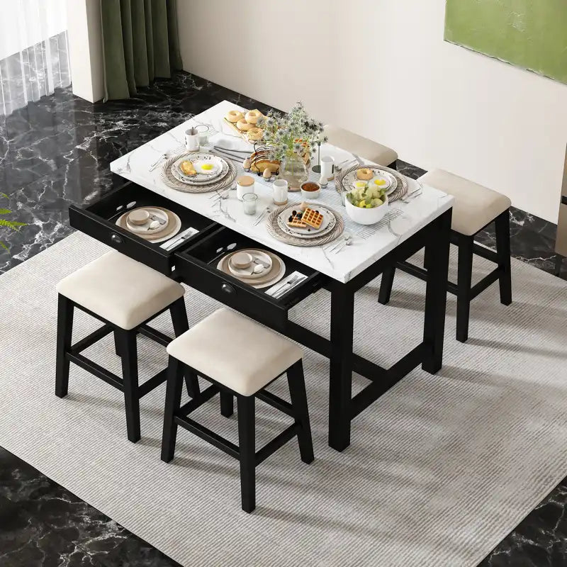 Counter Height Modern Dining Table Bar Table Set With Storage Drawers
