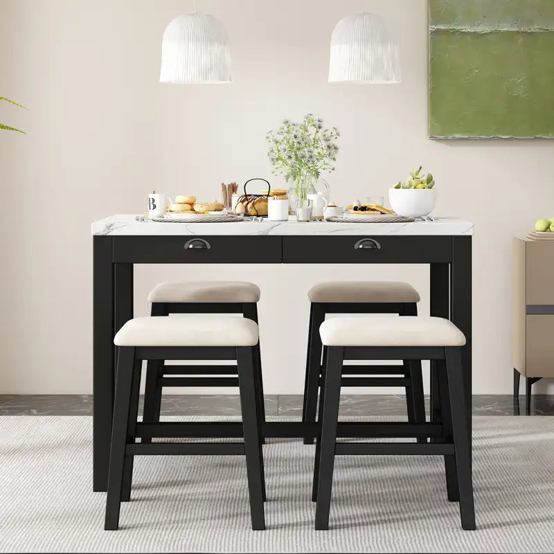 Counter Height Modern Dining Table Bar Table Set With Storage Drawers