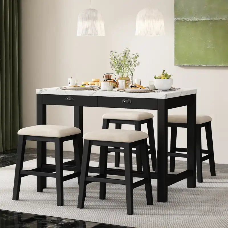 Counter Height Modern Dining Table Bar Table Set With Storage Drawers