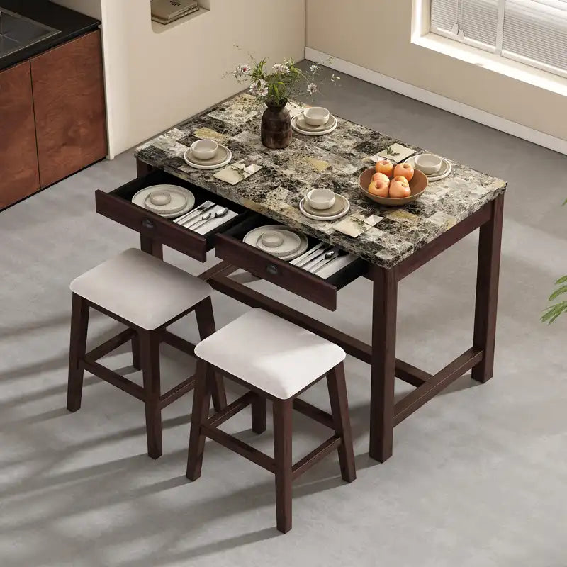 Counter Height Modern Dining Table Bar Table Set With Storage Drawers