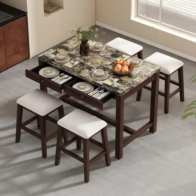Counter Height Modern Dining Table Bar Table Set With Storage Drawers