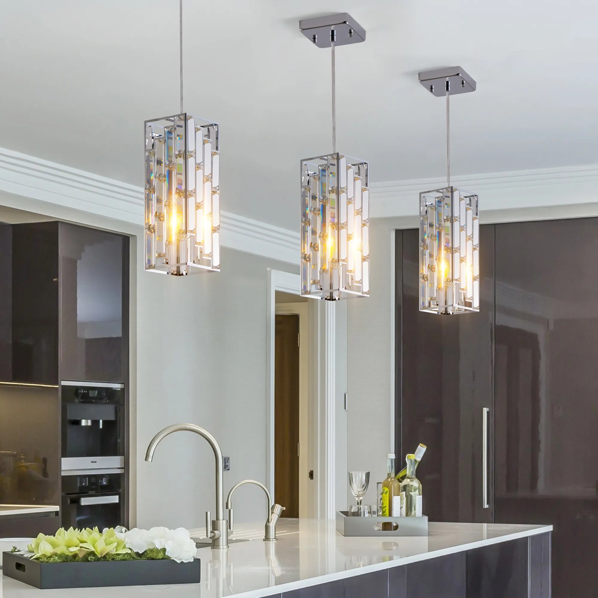 3 Pieces Crystal Prism Design Modern Crystal Pendant Light Set