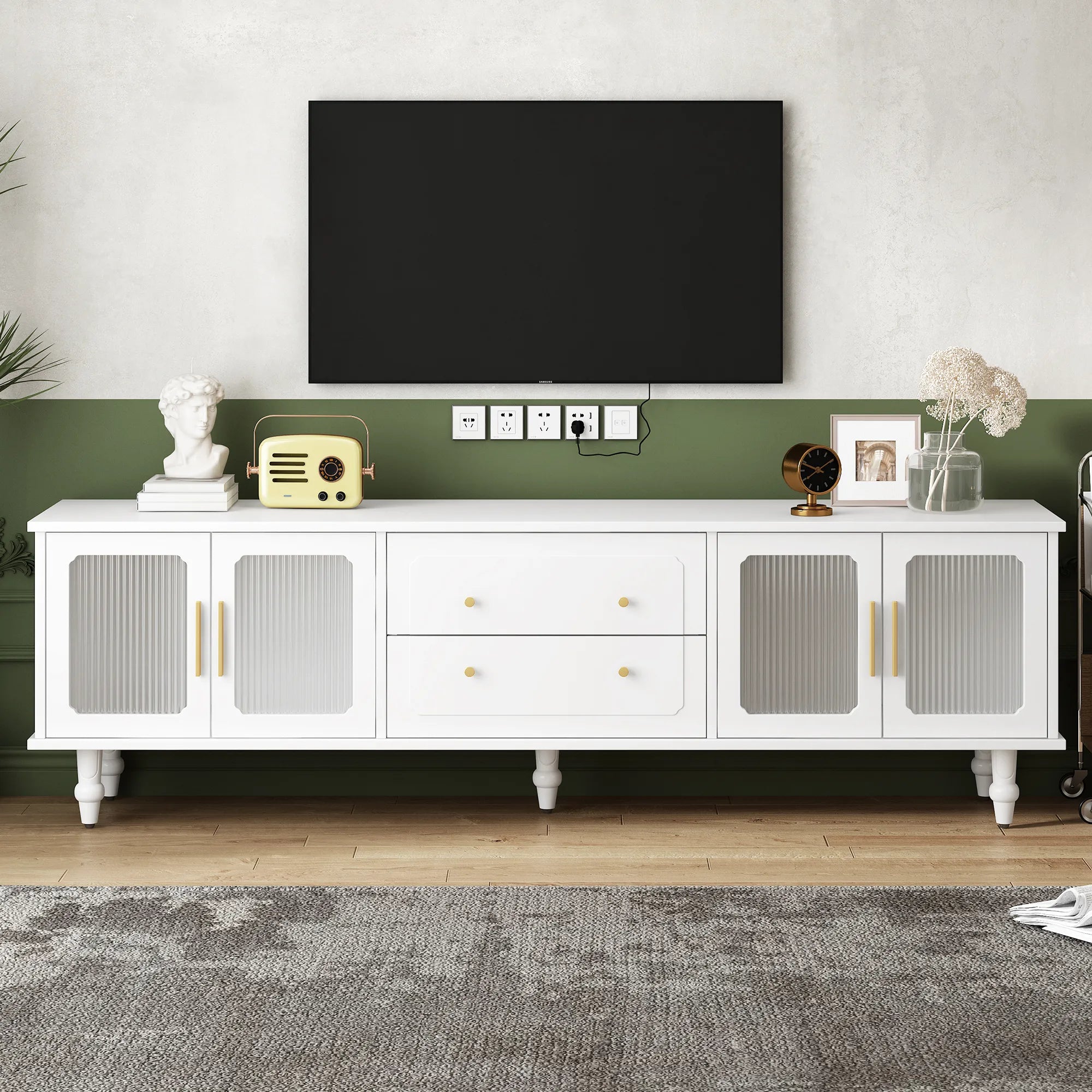 Elegant Retro Design TV Stand with Fluted Glass Doors