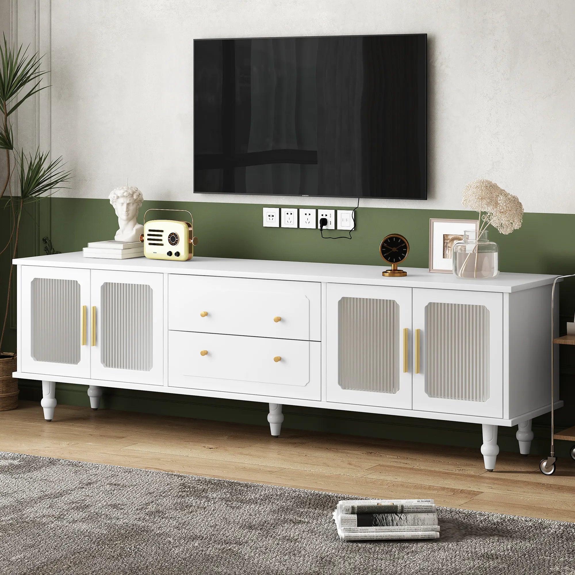 Elegant Retro Design TV Stand with Fluted Glass Doors