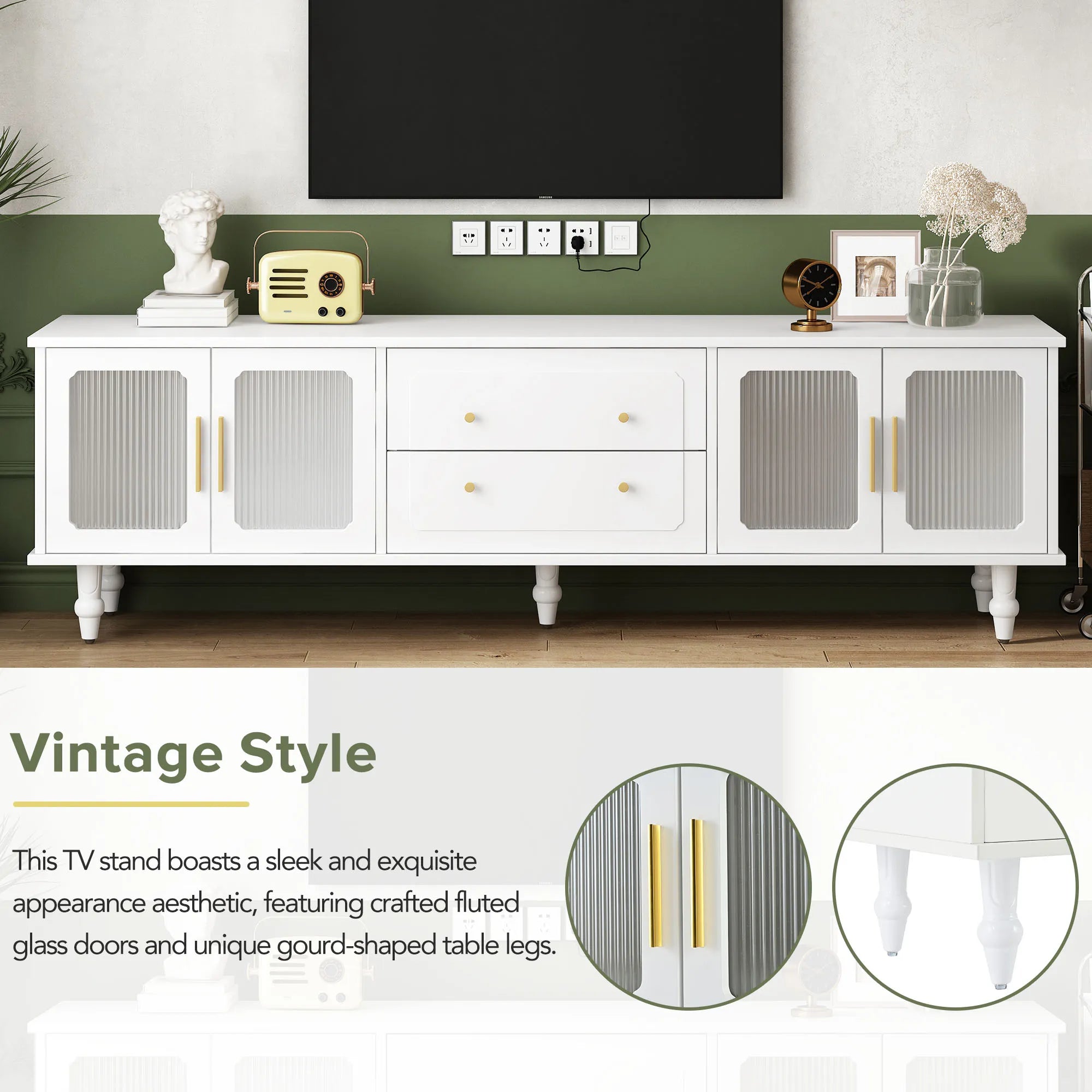 Elegant Retro Design TV Stand with Fluted Glass Doors