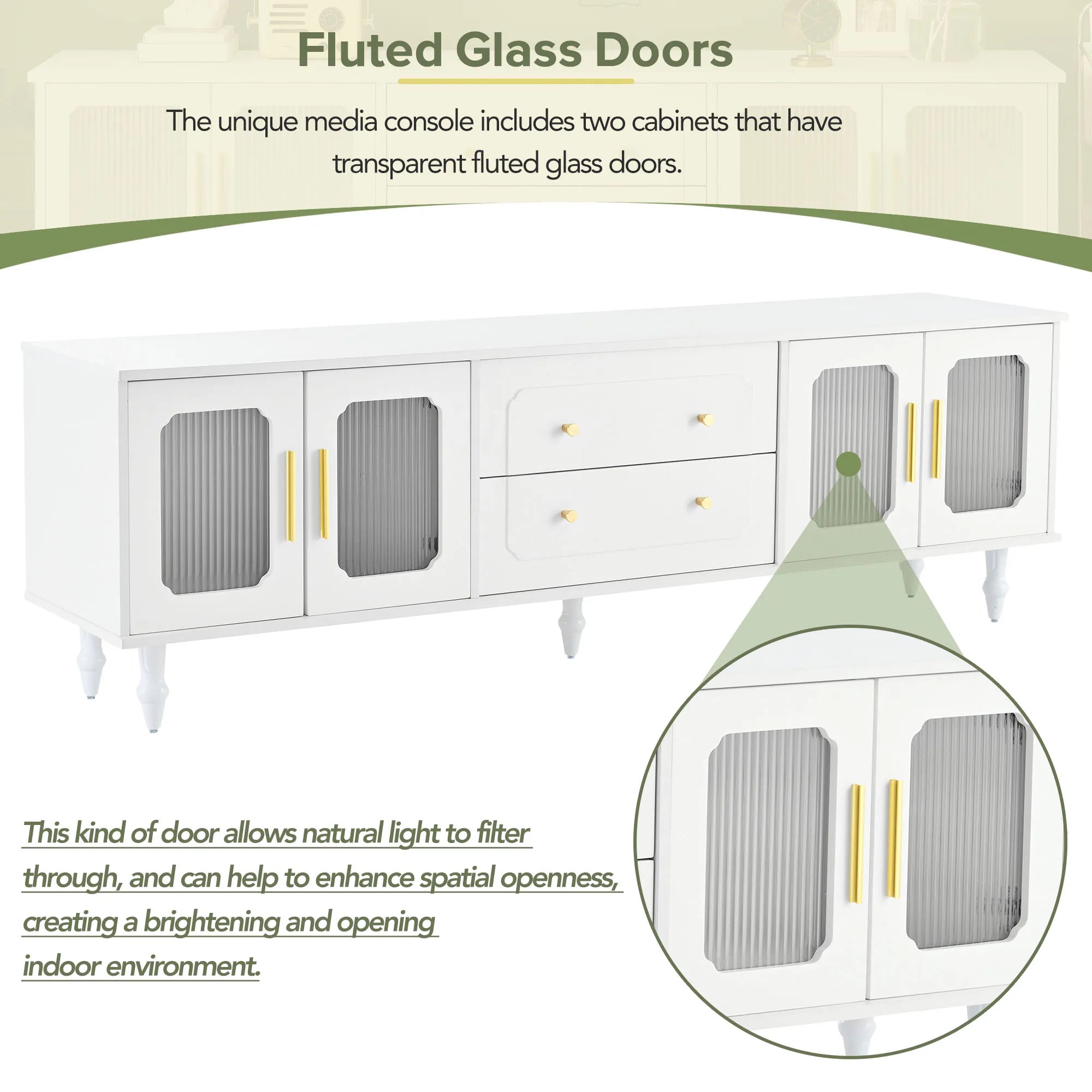 Elegant Retro Design TV Stand with Fluted Glass Doors
