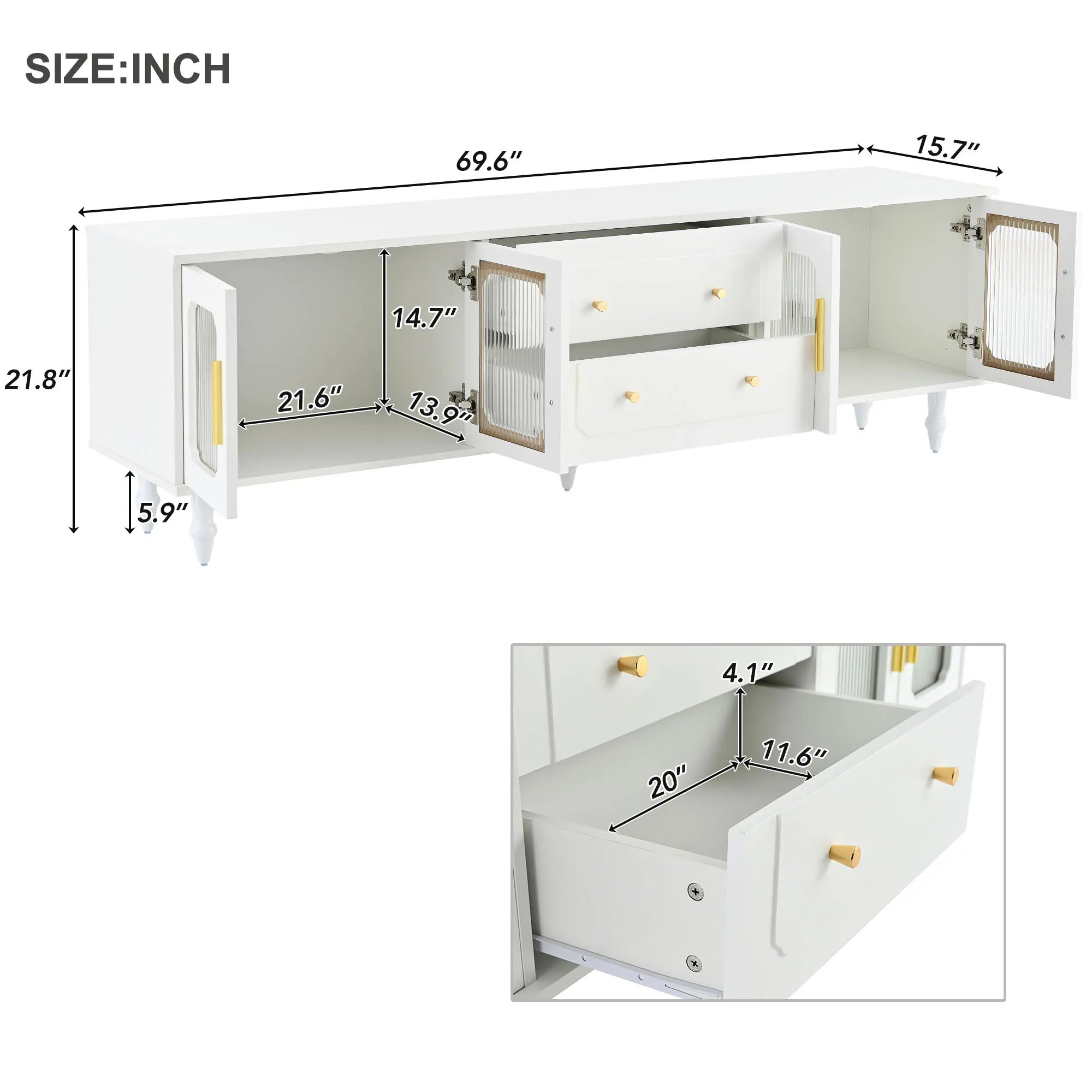 Elegant Retro Design TV Stand with Fluted Glass Doors