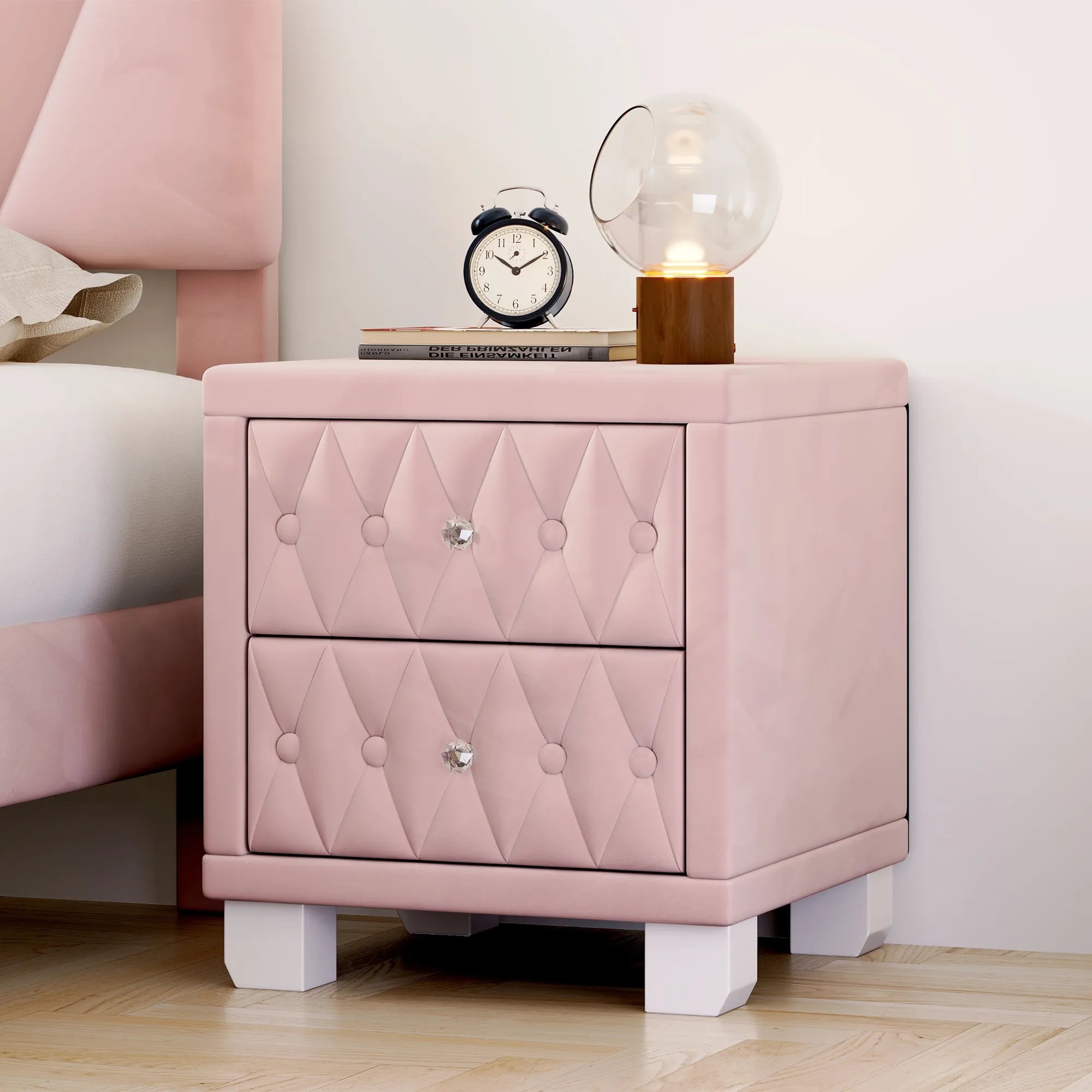 Elegant Velvet 2-Drawer Nightstand with Tufted Design