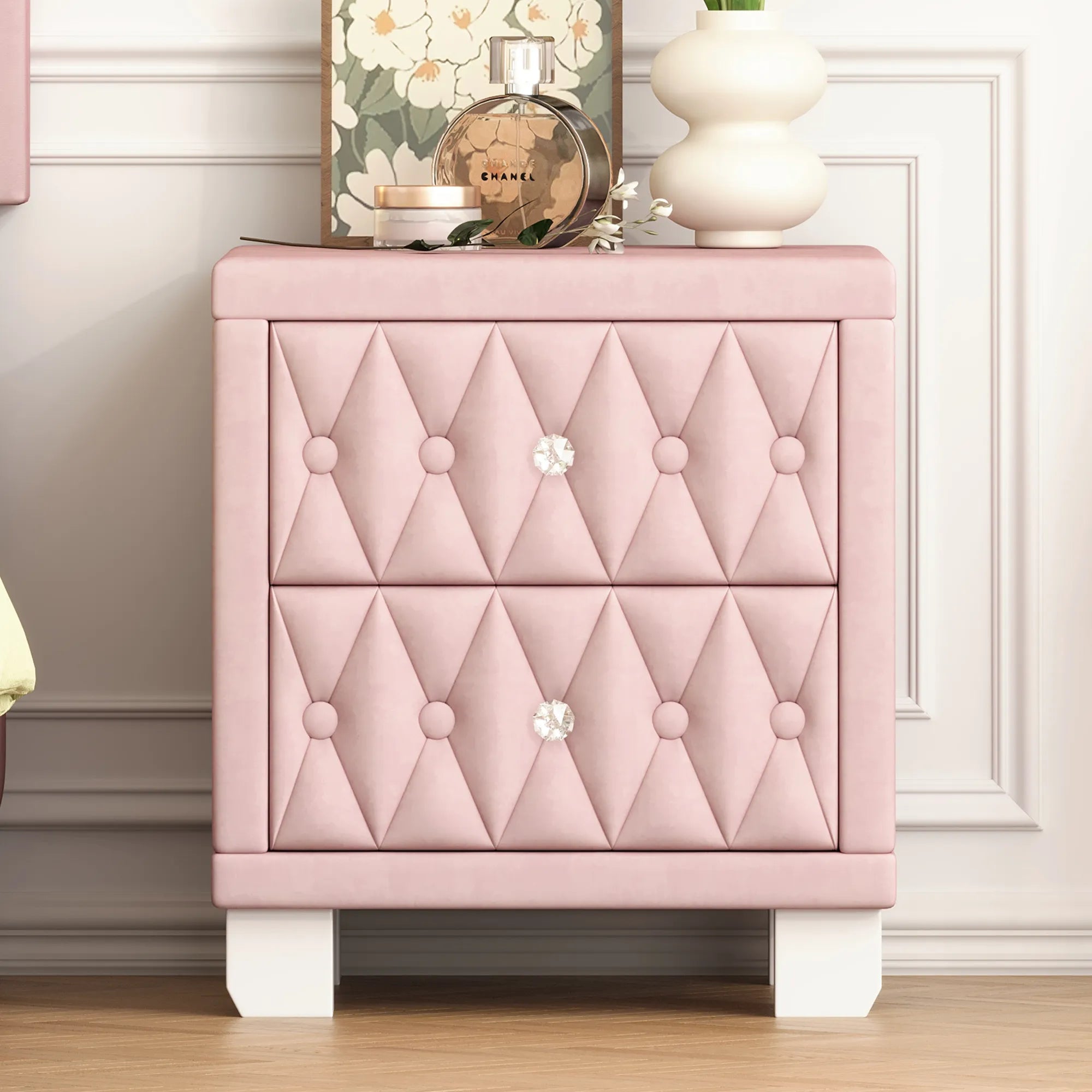 Elegant Velvet 2-Drawer Nightstand with Tufted Design