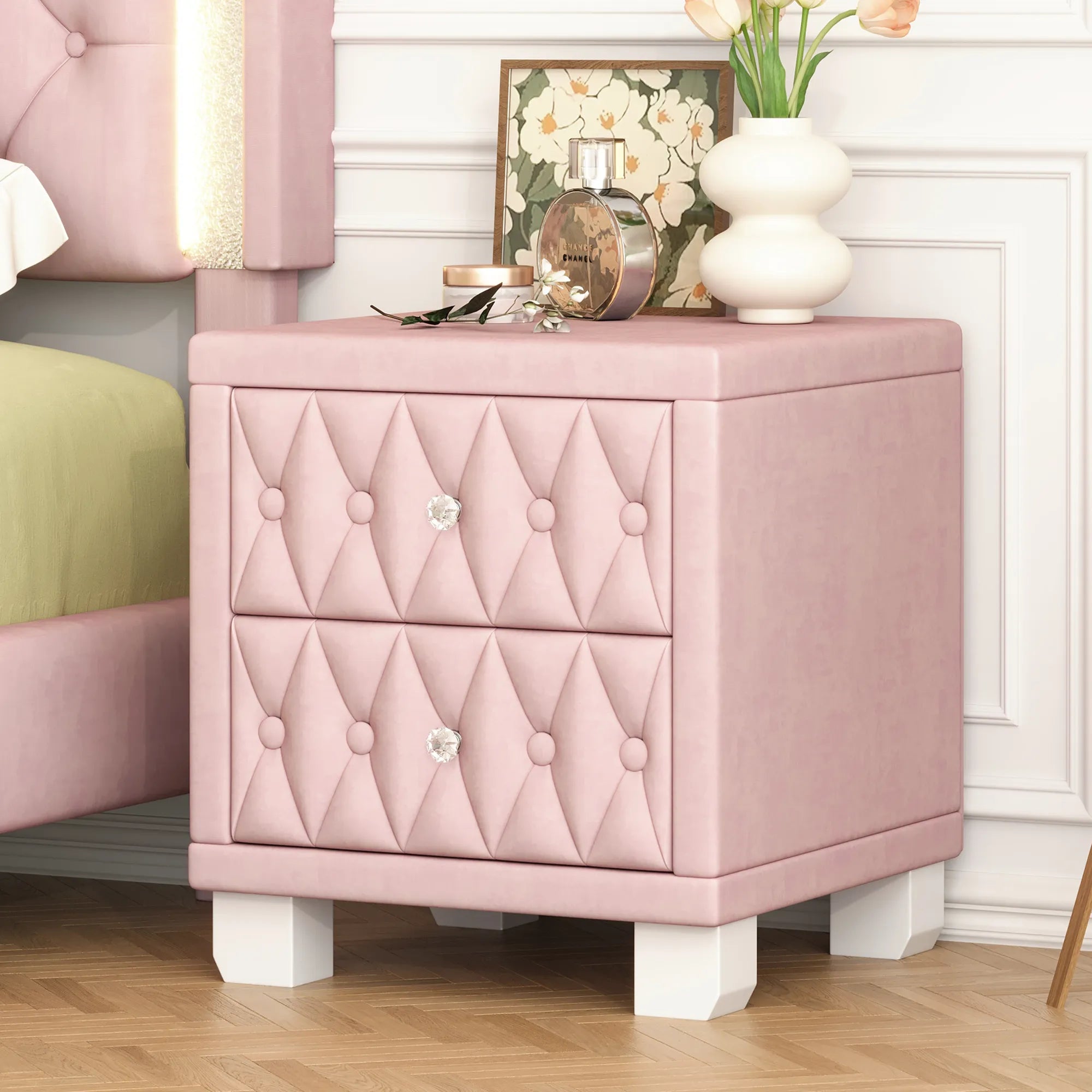 Elegant Velvet 2-Drawer Nightstand with Tufted Design