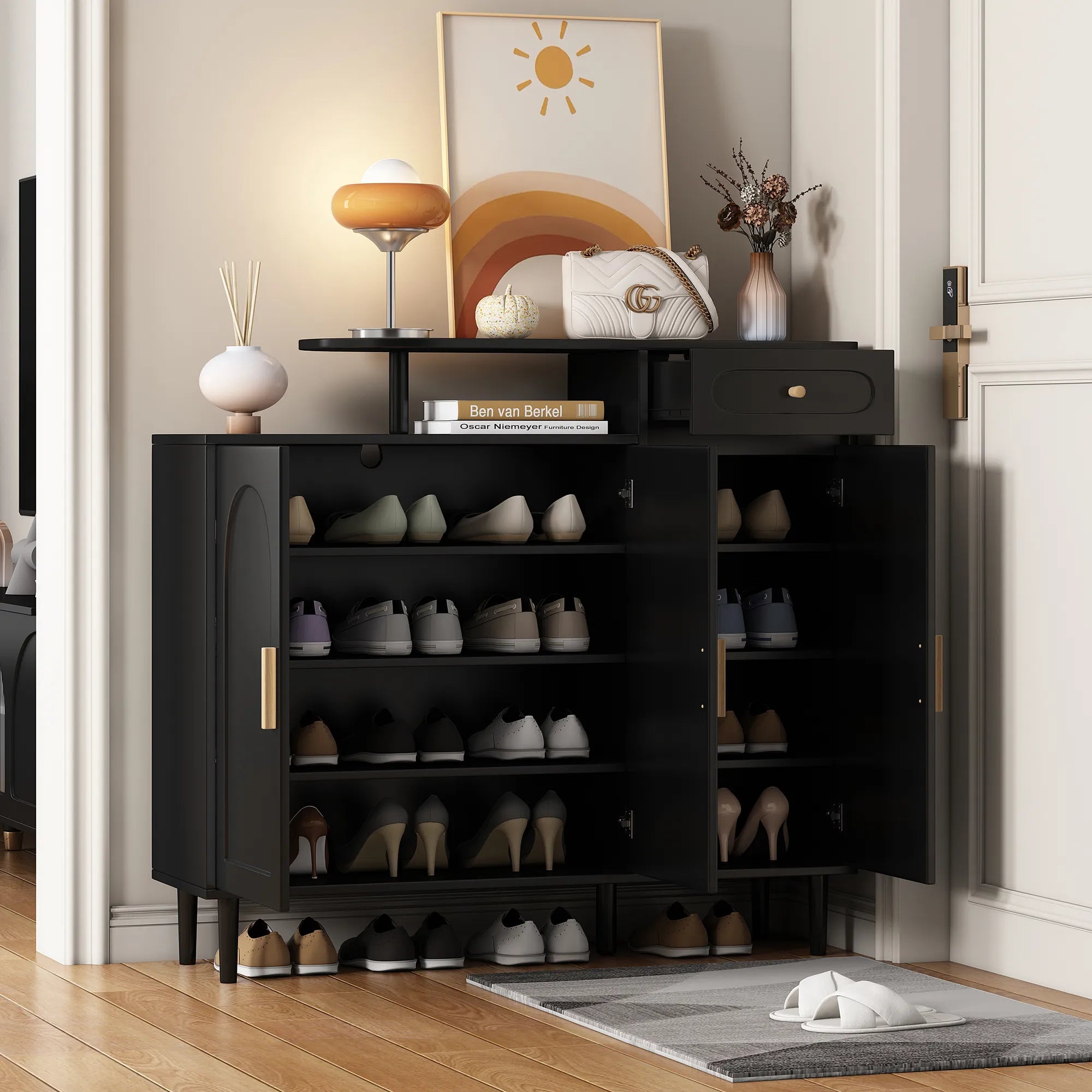 Elegant Modern Shoe Storage Cabinet with Arched Doors