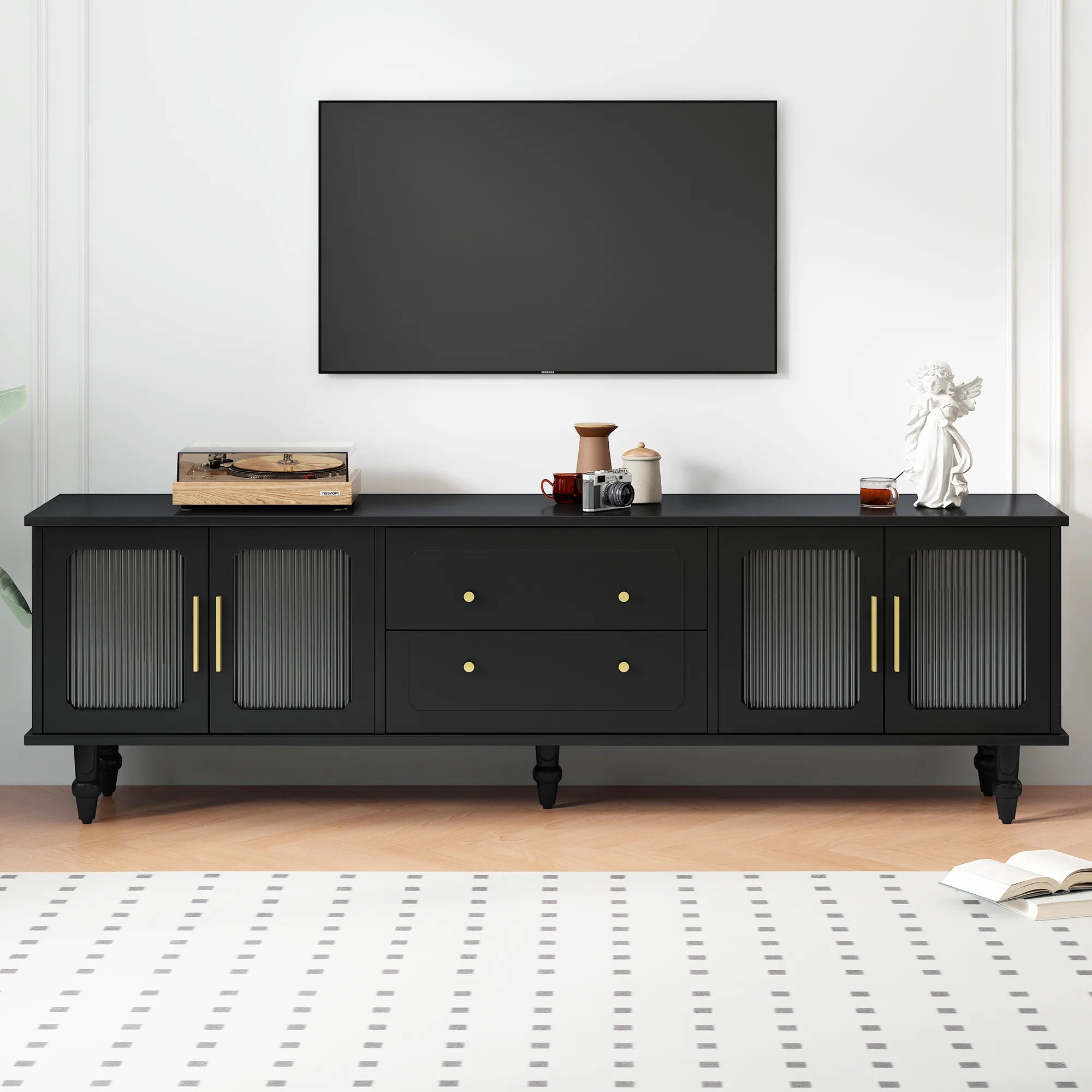 Elegant Retro Design TV Stand with Fluted Glass Doors