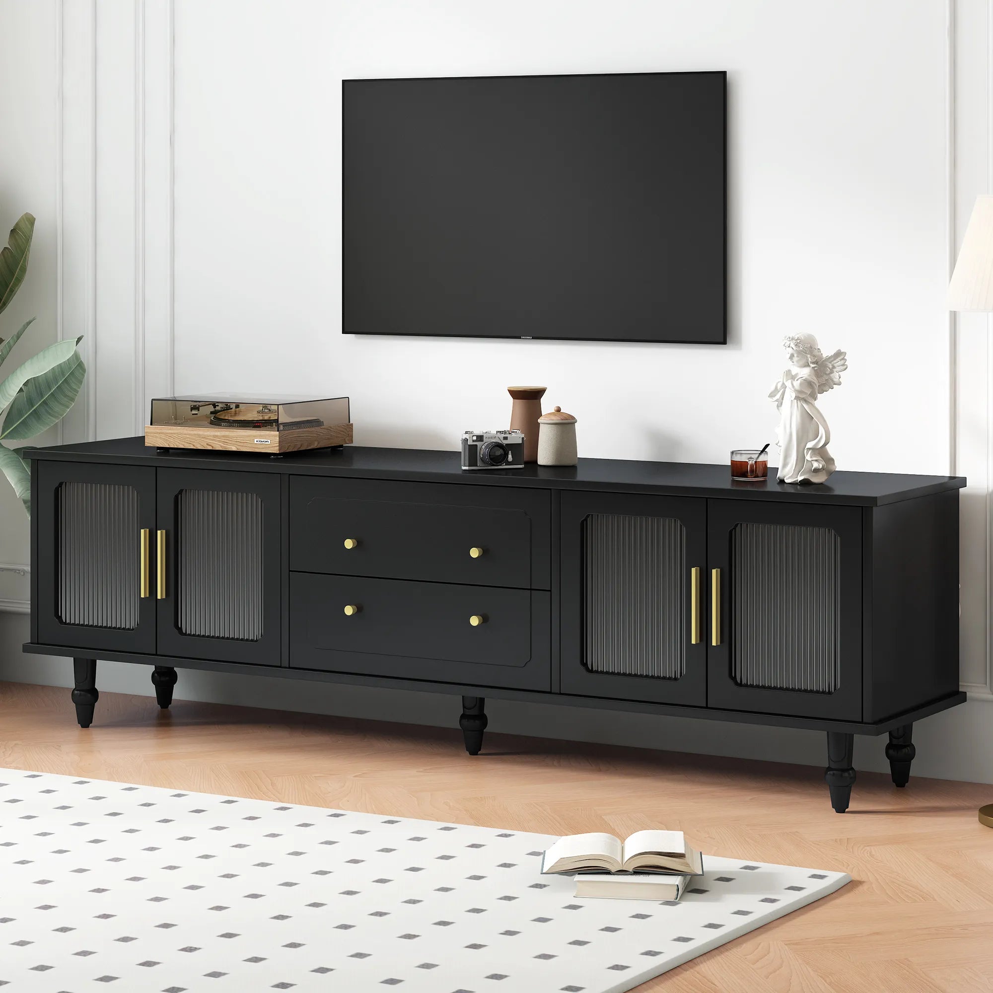 Elegant Retro Design TV Stand with Fluted Glass Doors