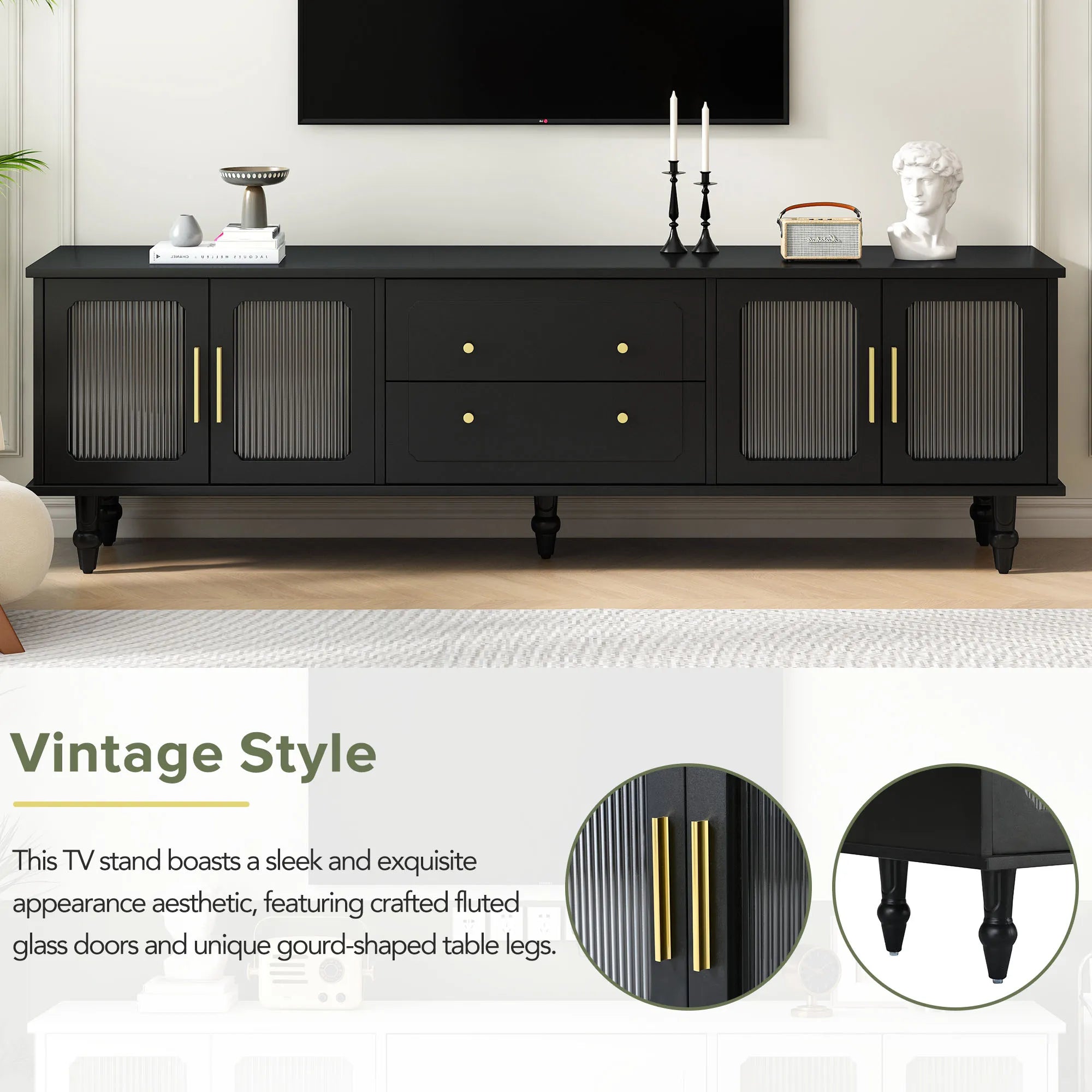 Elegant Retro Design TV Stand with Fluted Glass Doors