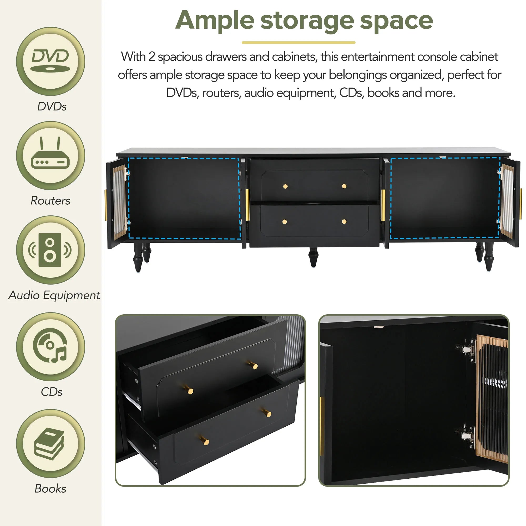Elegant Retro Design TV Stand with Fluted Glass Doors